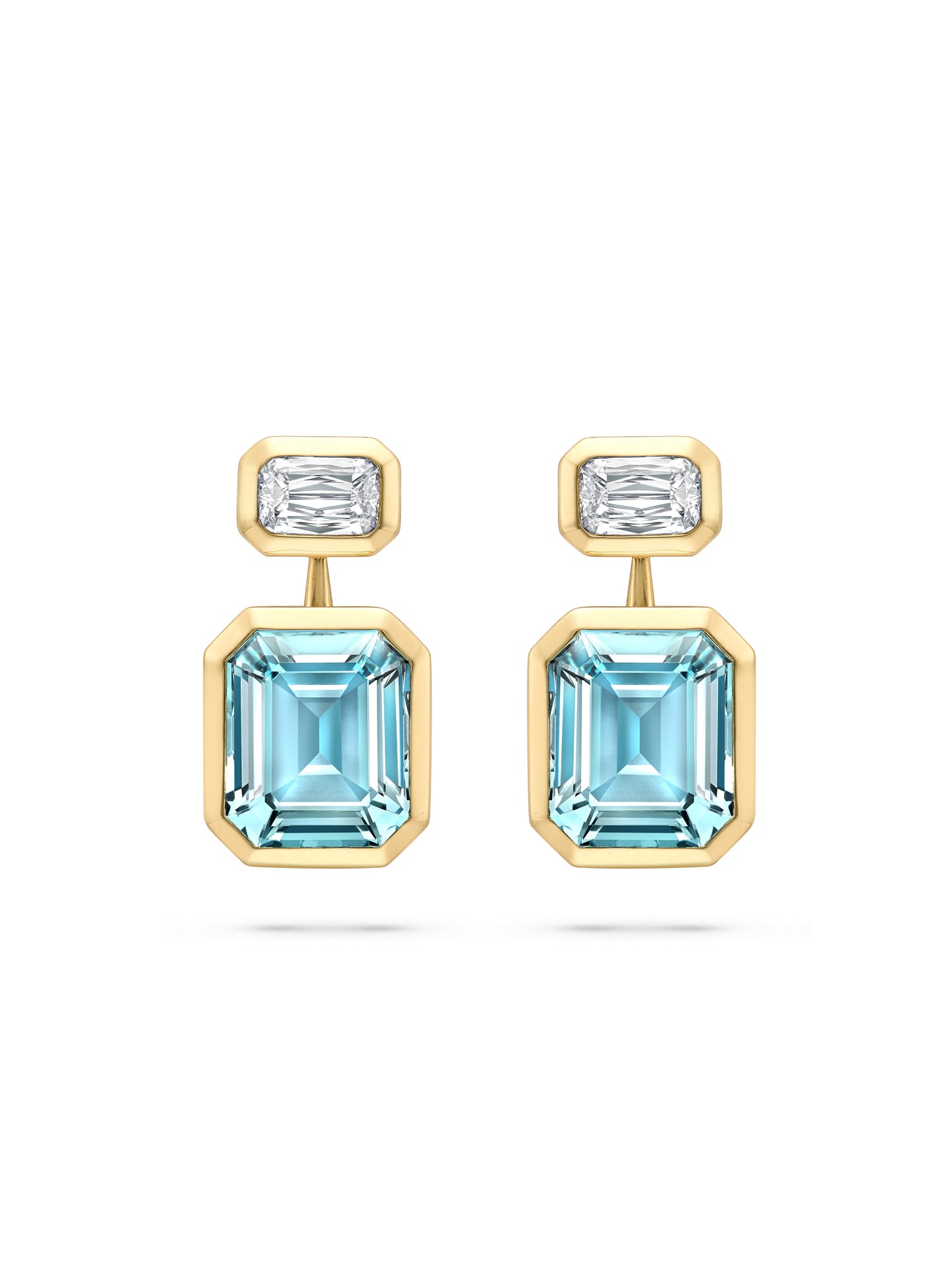 Florentine Emerald Cut Aquamarine Yellow Gold Earrings