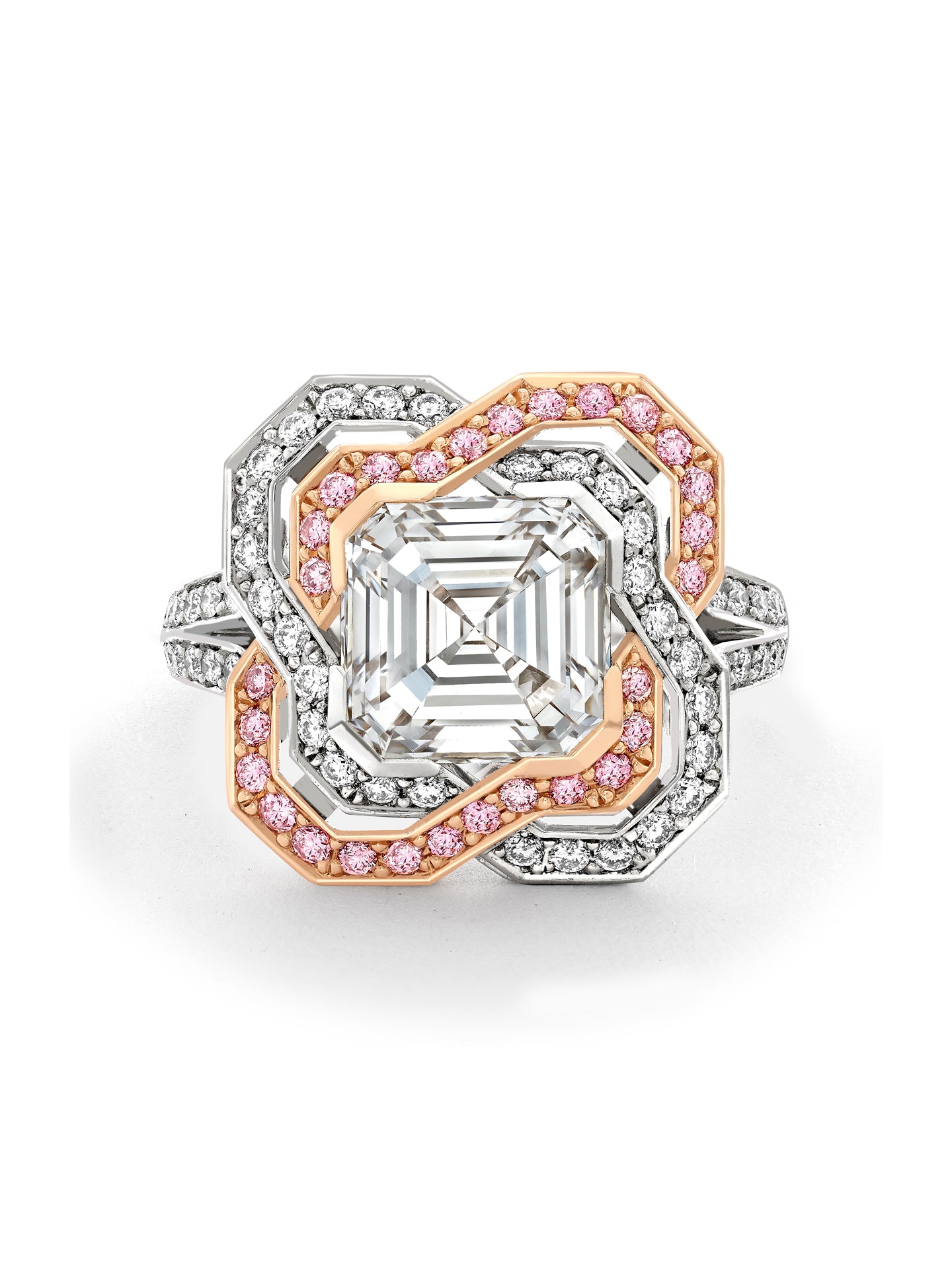 Pavilion Asscher Diamond and Pink Diamond Platinum Ring 3 Pavilion Asscher Diamond and Pink Diamond Platinum Ring