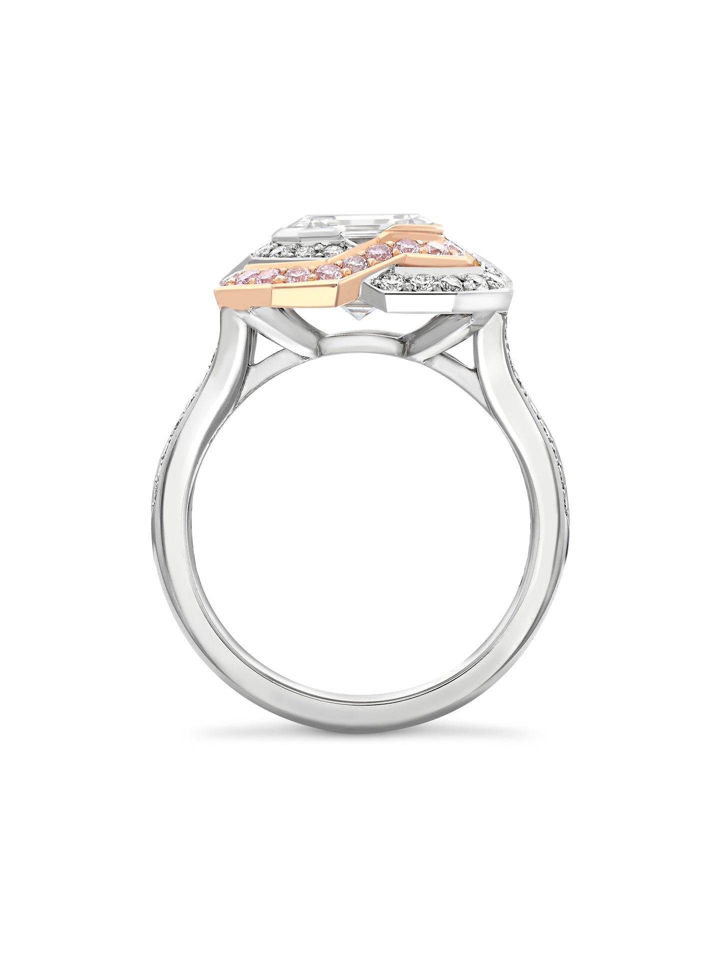 Pavilion Asscher Diamond and Pink Diamond Platinum Ring 4 Pavilion Asscher Diamond and Pink Diamond Platinum Ring