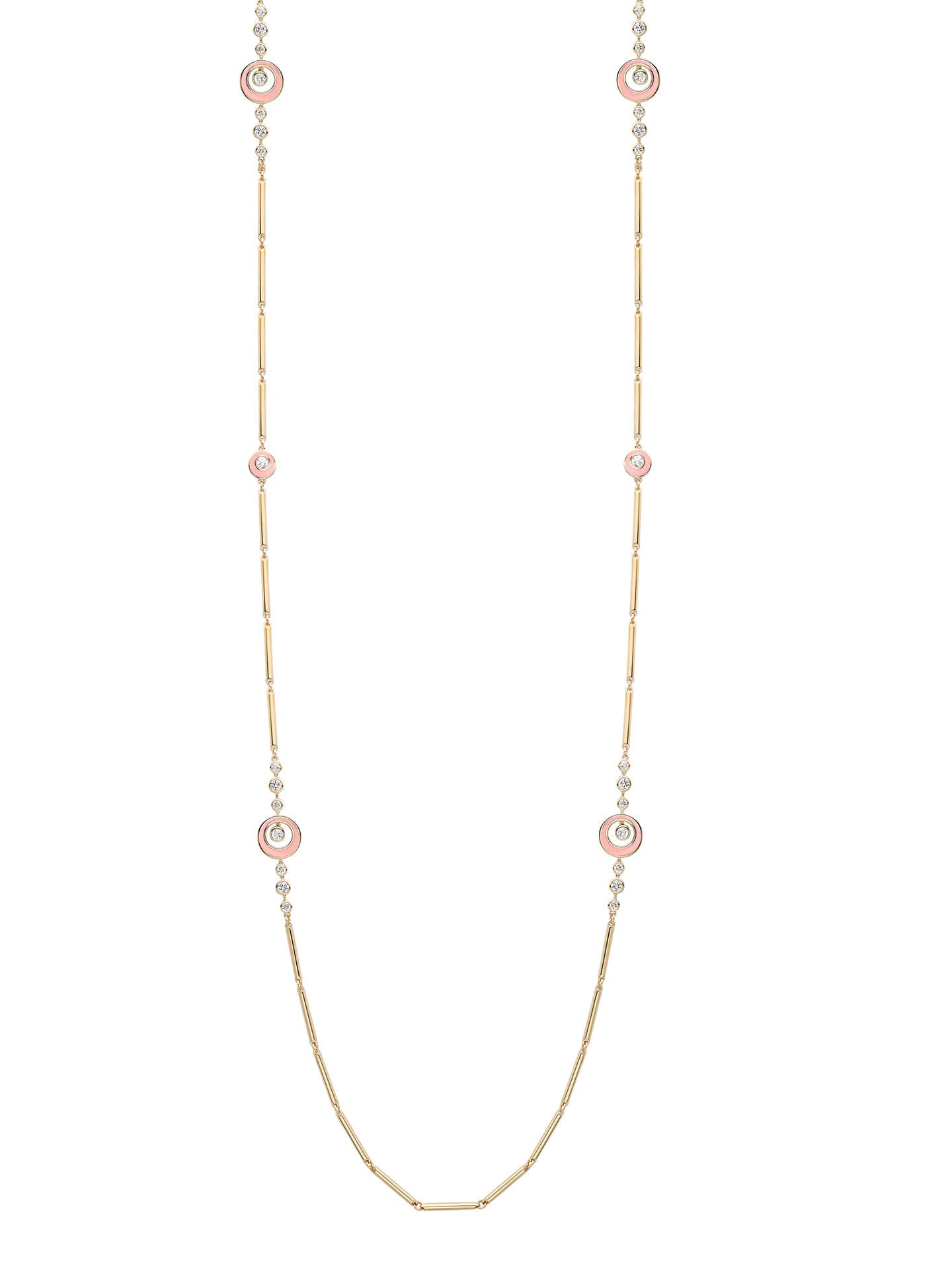 Raindance Diamond Pink Enamel Long Yellow Gold Necklace