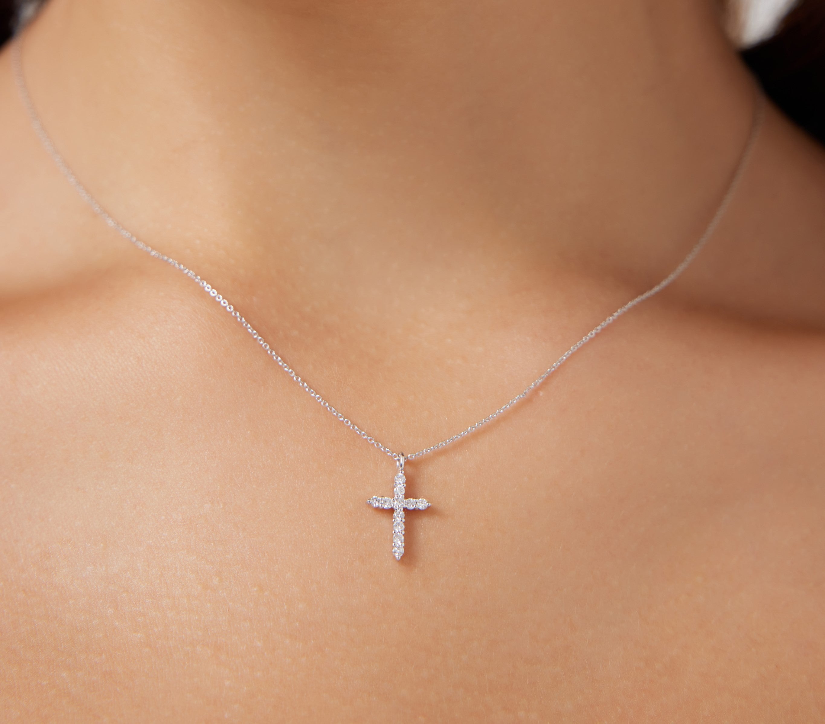 14K Solid White Gold Diamond Cross Necklace