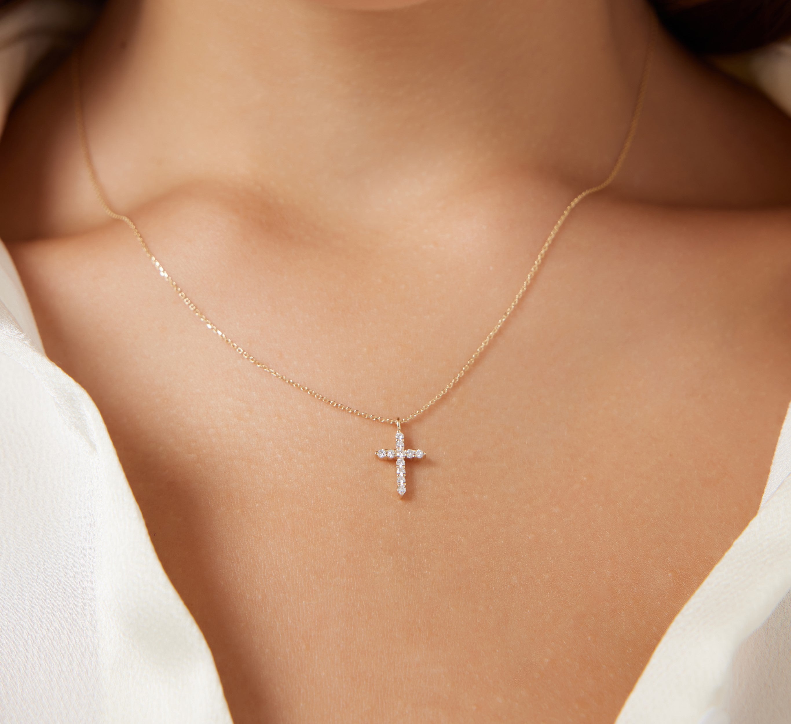 14K Solid Yellow Gold Diamond Cross Necklace