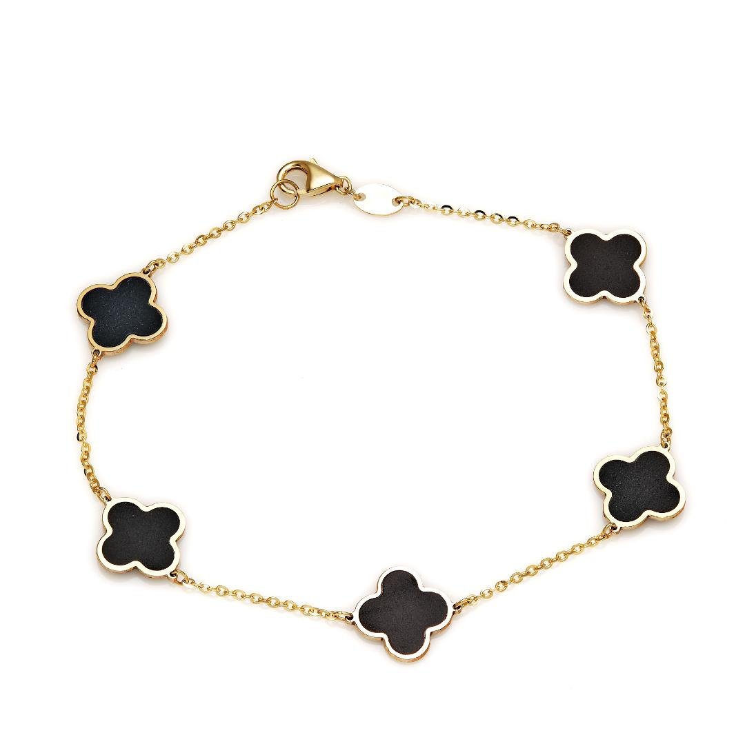 14K Solid Yellow Gold Onyx Four Leaf Clover Bracelet