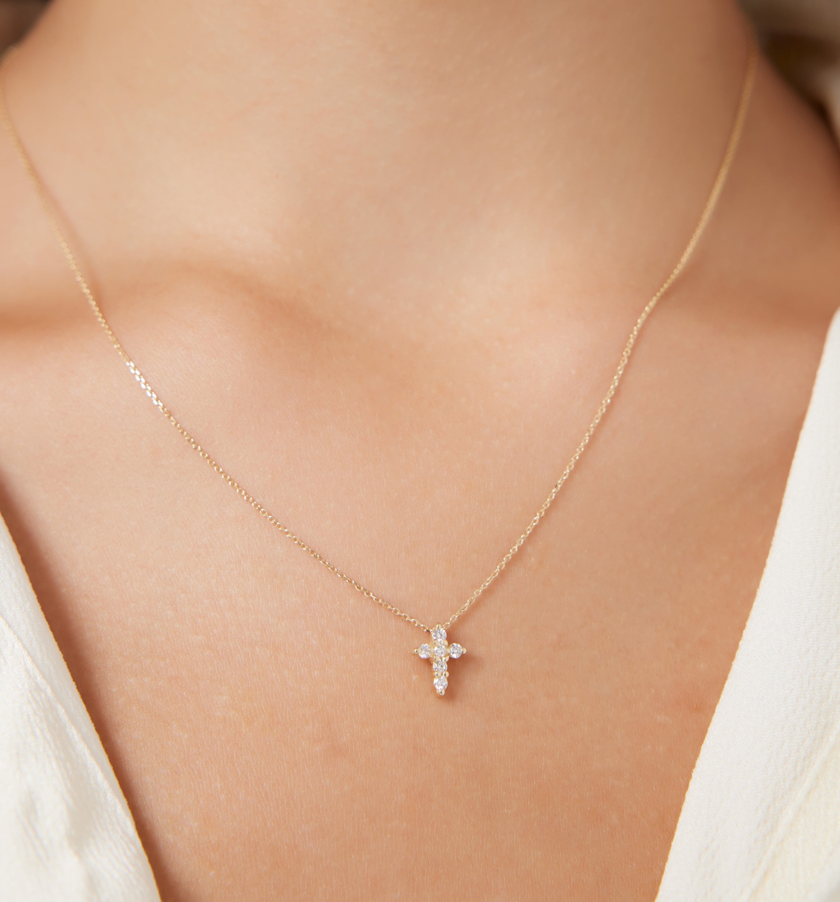 14K Solid Yellow Gold Minimalist Diamond Cross Necklace