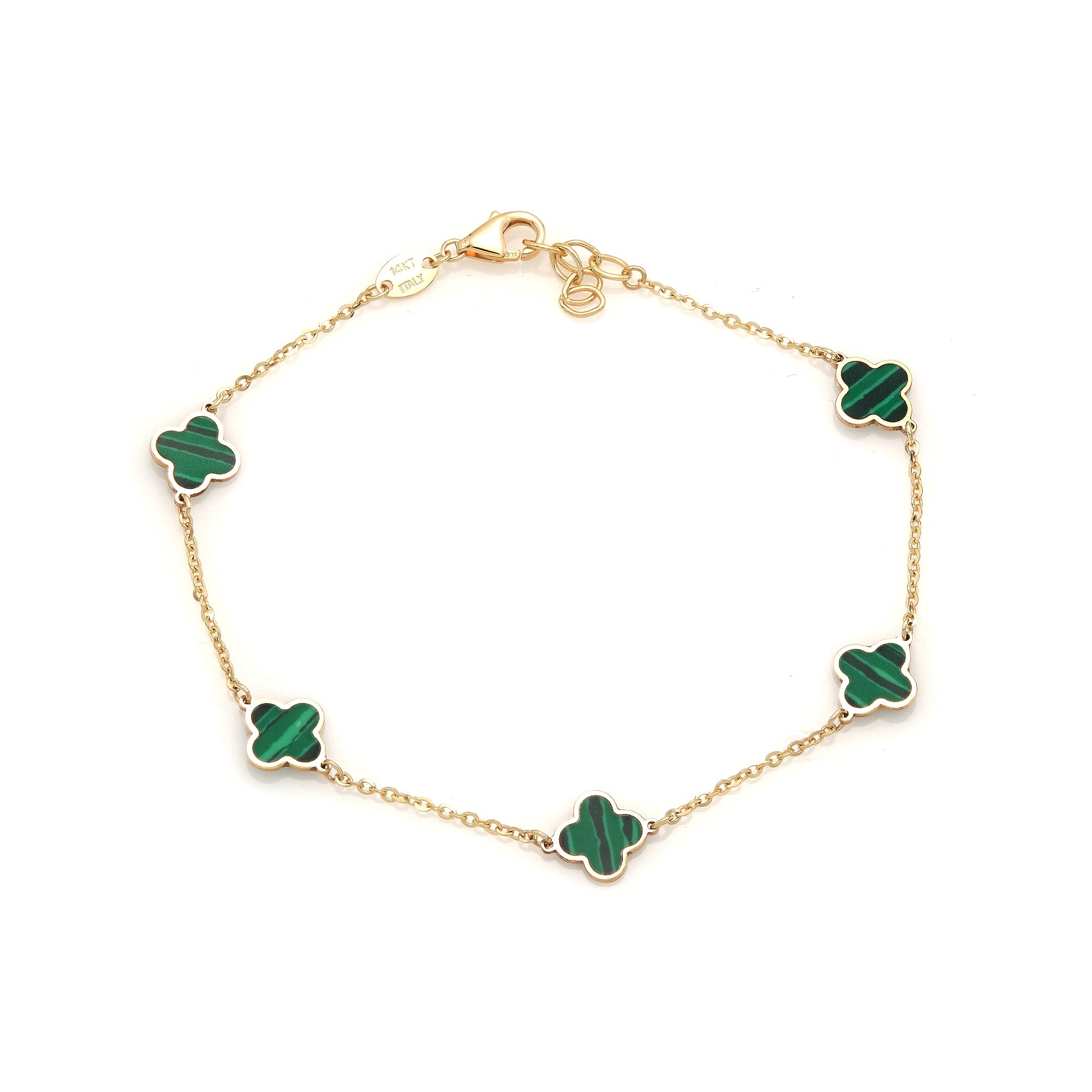 14K Solid Yellow Gold Malachite Four Leaf Clover Bracelet