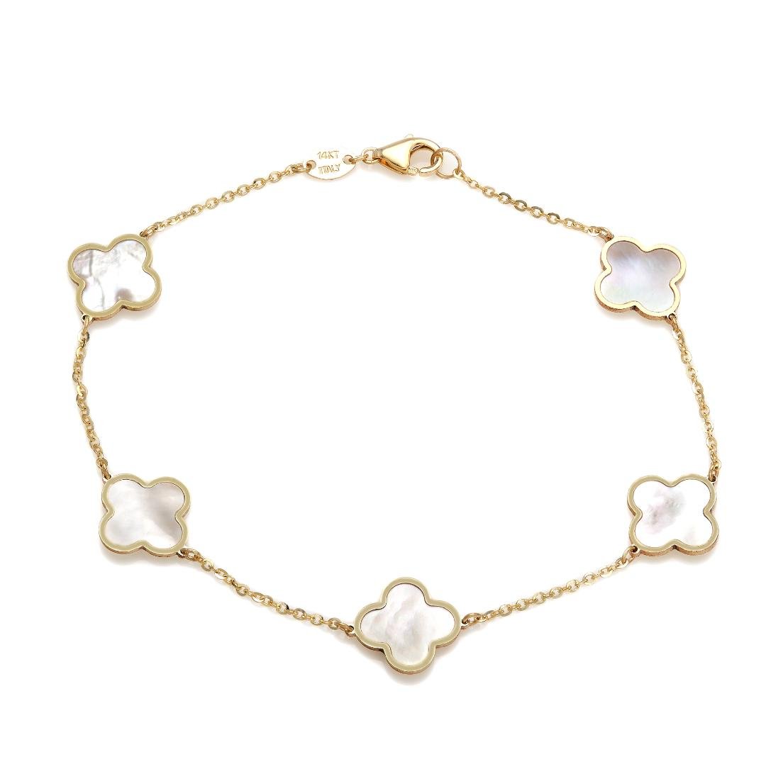 14K Yellow Gold Mother of Pearl Four Leaf Clover Bracelet