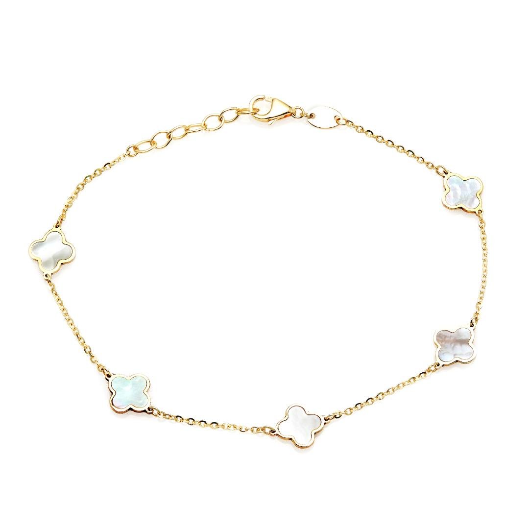 14K Solid Yellow Gold Mother Of Pearl Four Leaf Clover Bracelet