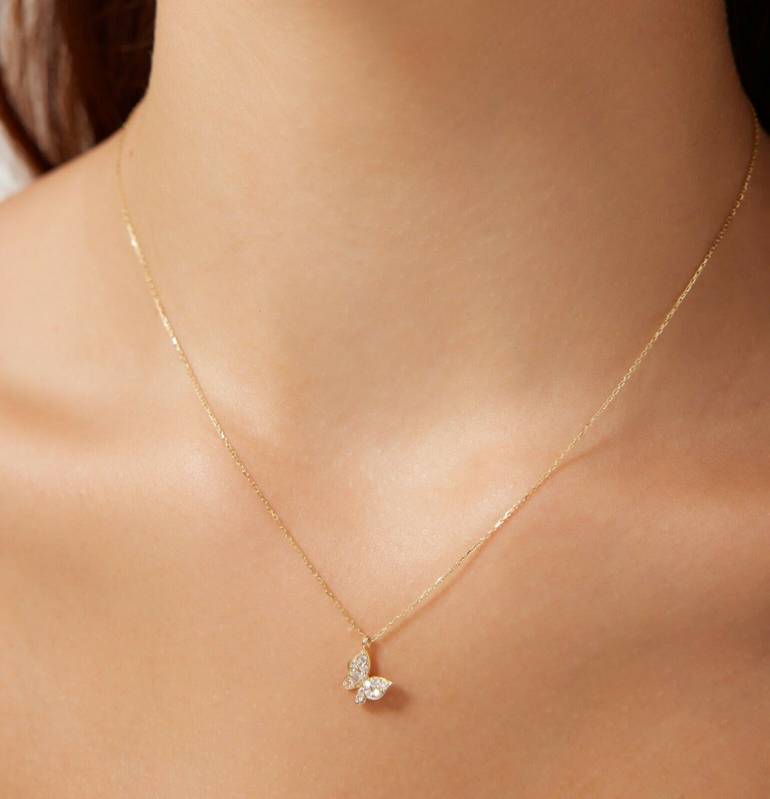 14K Solid Yellow Gold Diamond CZ Butterfly Necklace