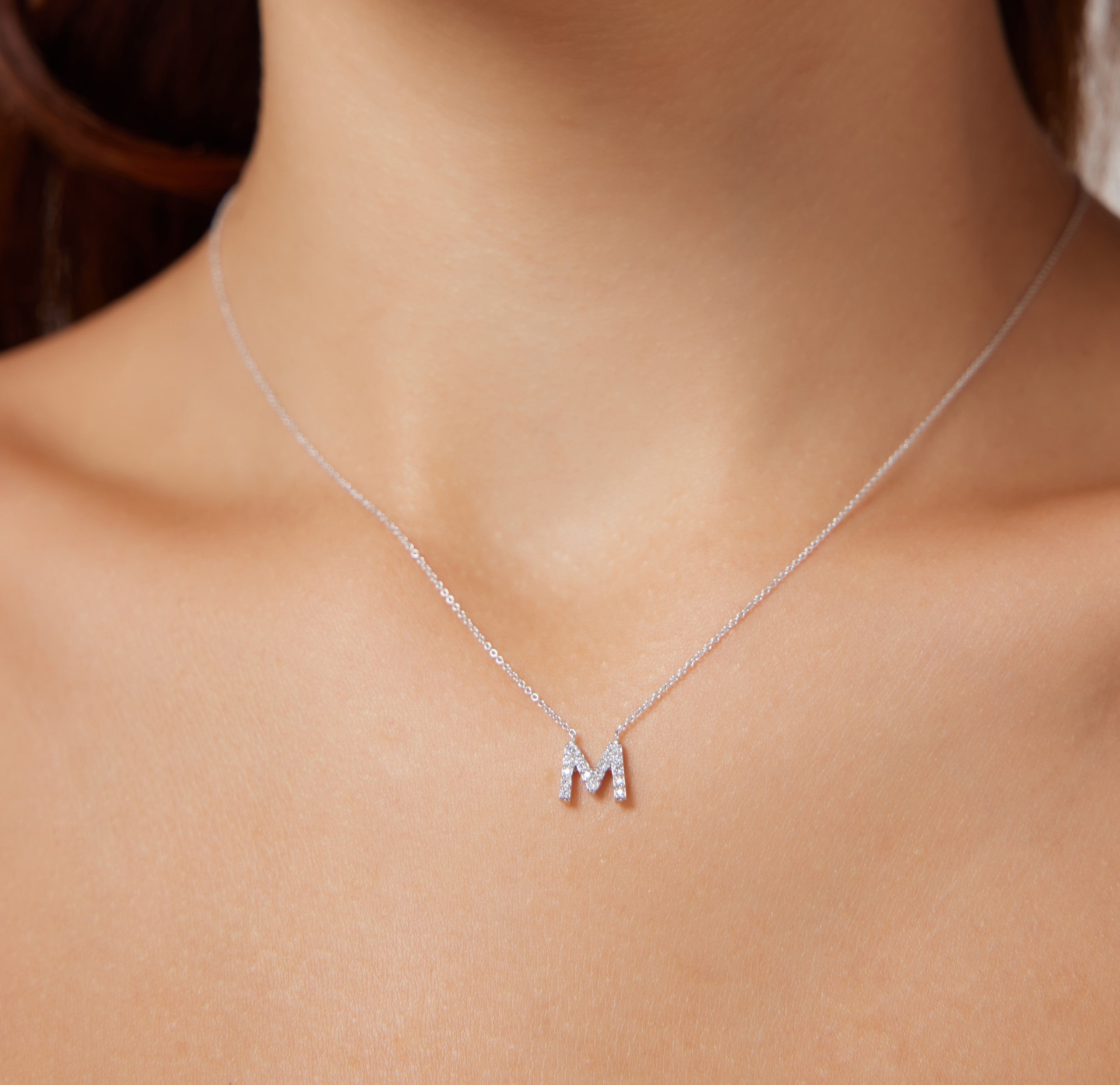 14K White Gold Diamond Initial Necklace, Letter M Necklace