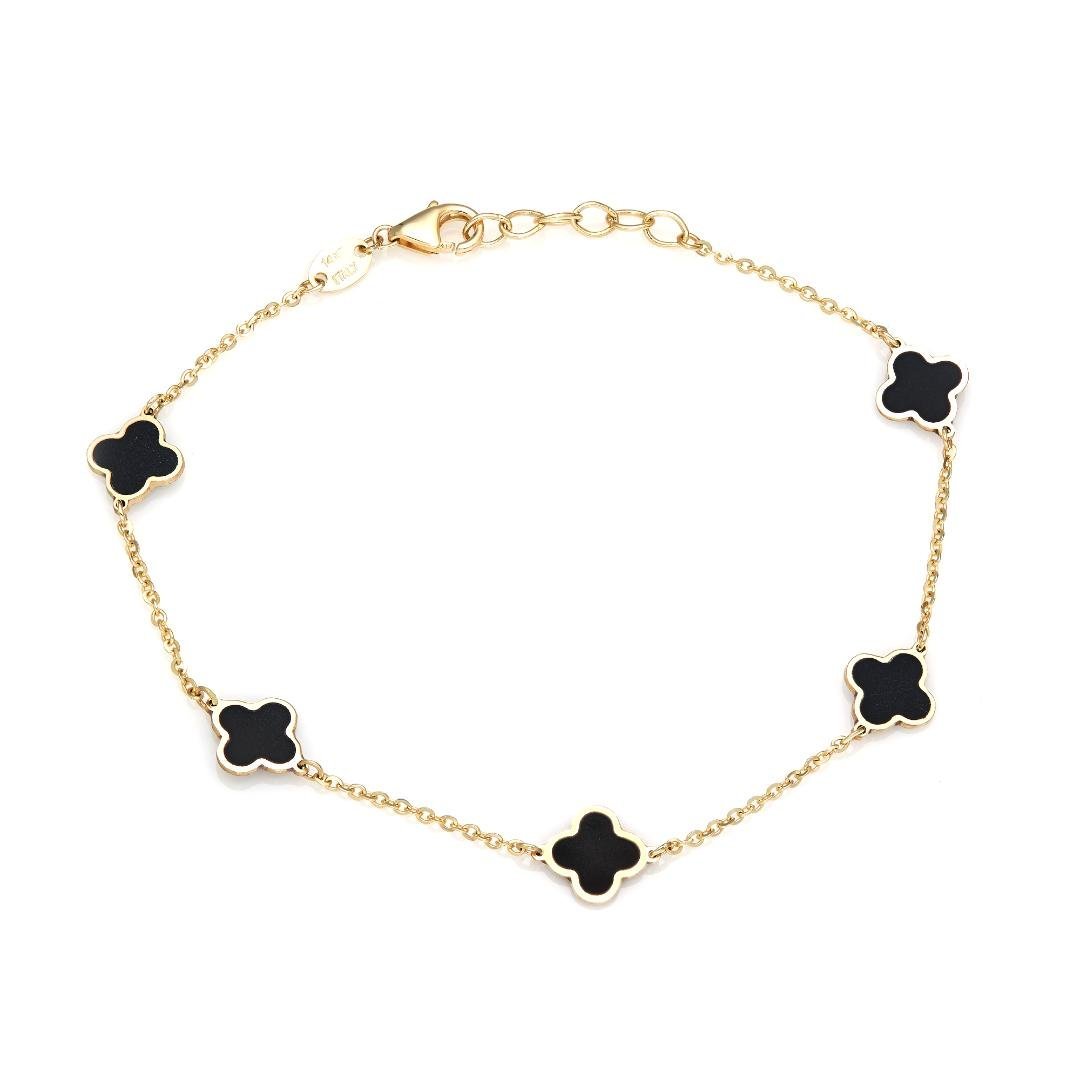 14K Solid Yellow Gold Onyx Four Leaf Clover Station Bracelet