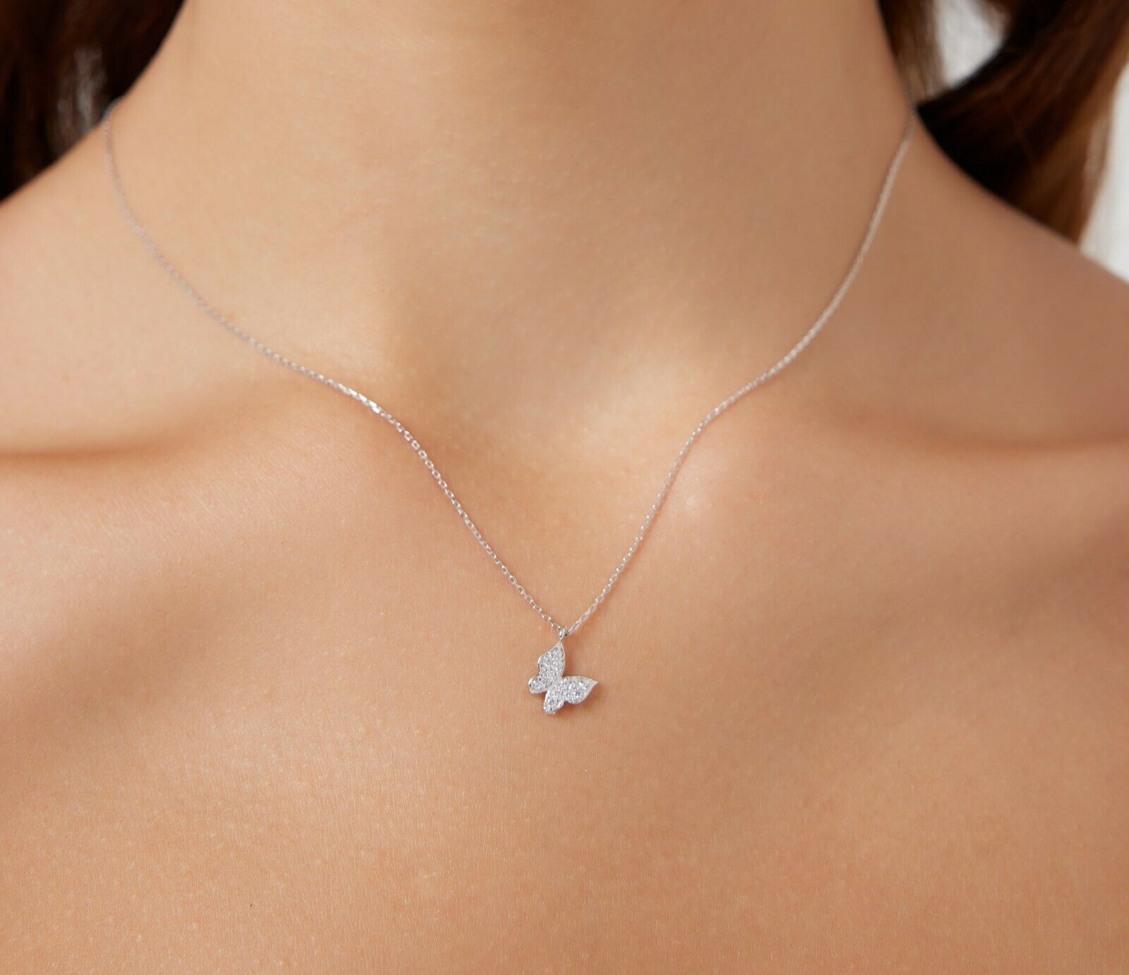 14K Solid White Gold Minimalist Butterfly Necklace