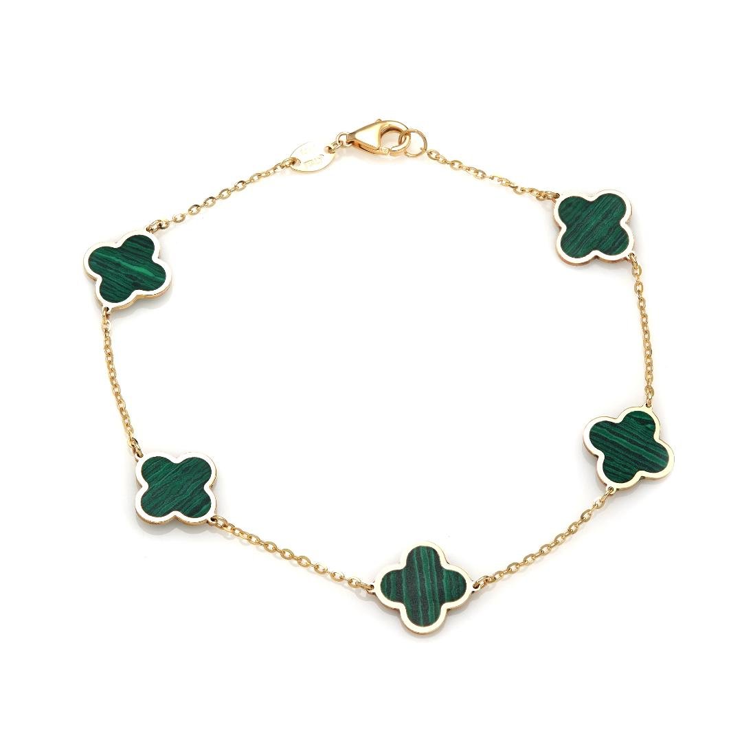 14K Yellow Gold Station Malachite Four Leaf Clover Bracelet