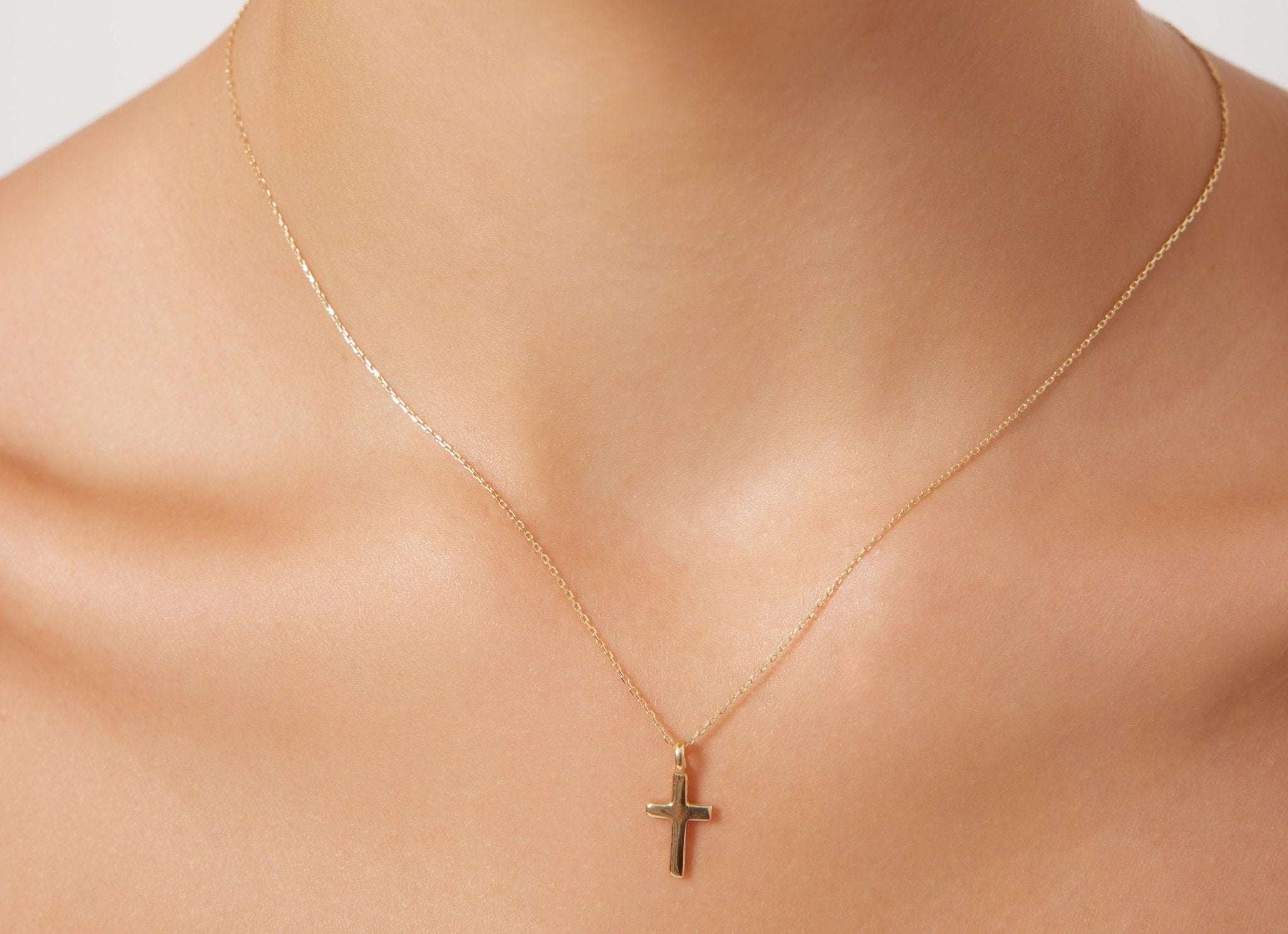 14K Solid Yellow Gold Cross Necklace, Crucifix Cross Necklace