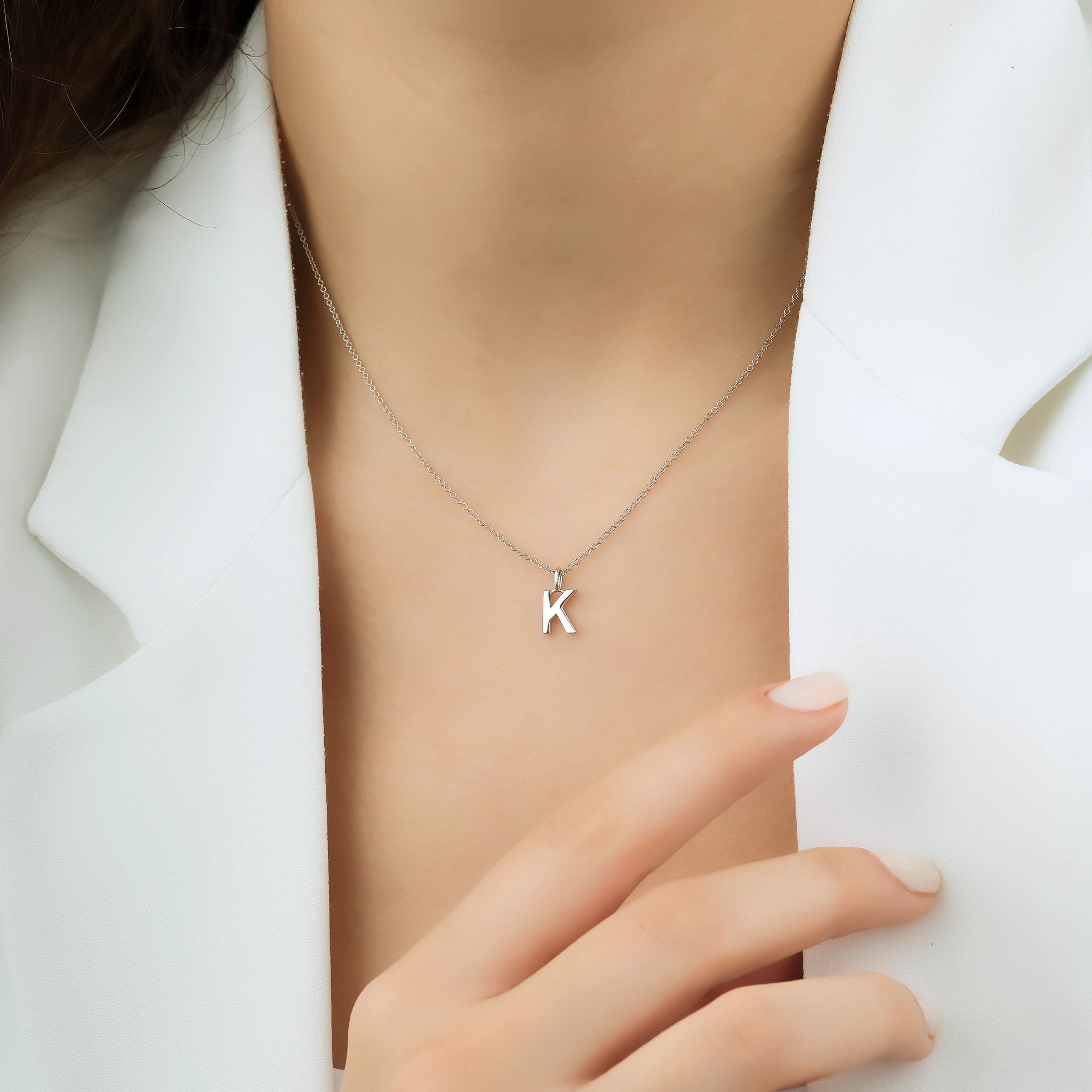 14K Solid White Gold Initial Necklace, Letter K Necklace