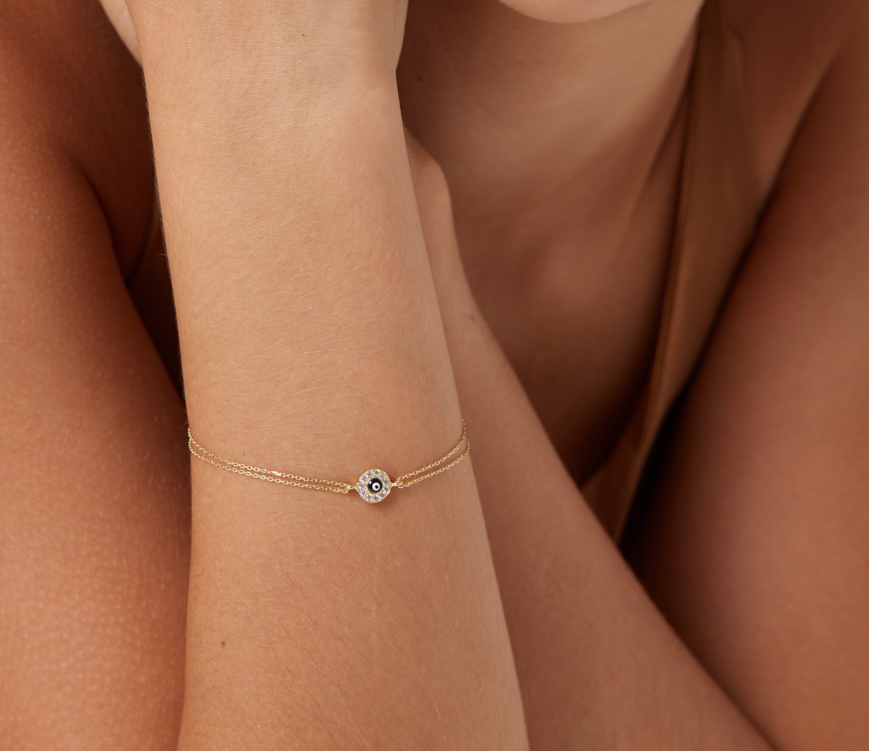 14K Solid Yellow Gold Round Evil Eye Bracelet