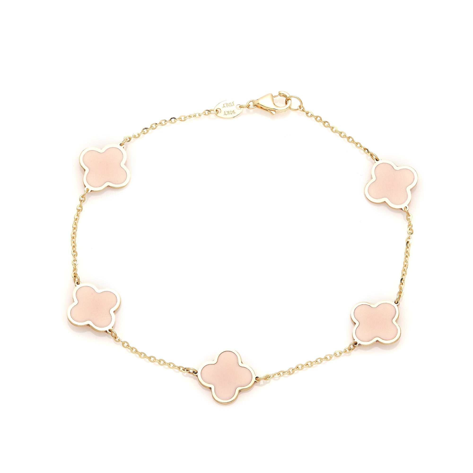 14K Solid Yellow Gold Pink Station Four Leaf Clover Bracelet