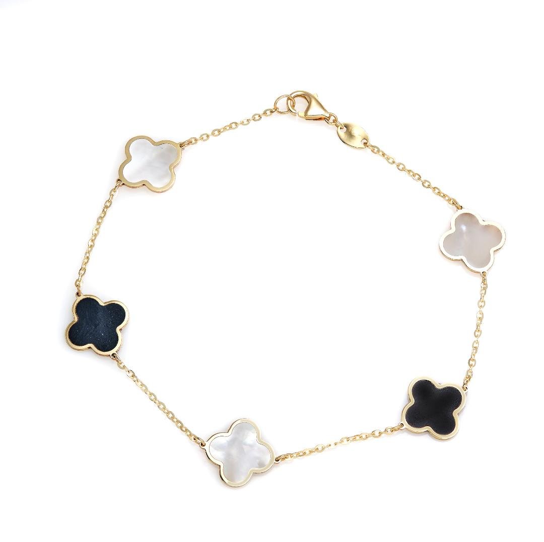 14K Solid Yellow Gold Mother of Pearl and Onyx Four Leaf Clover Bracelet