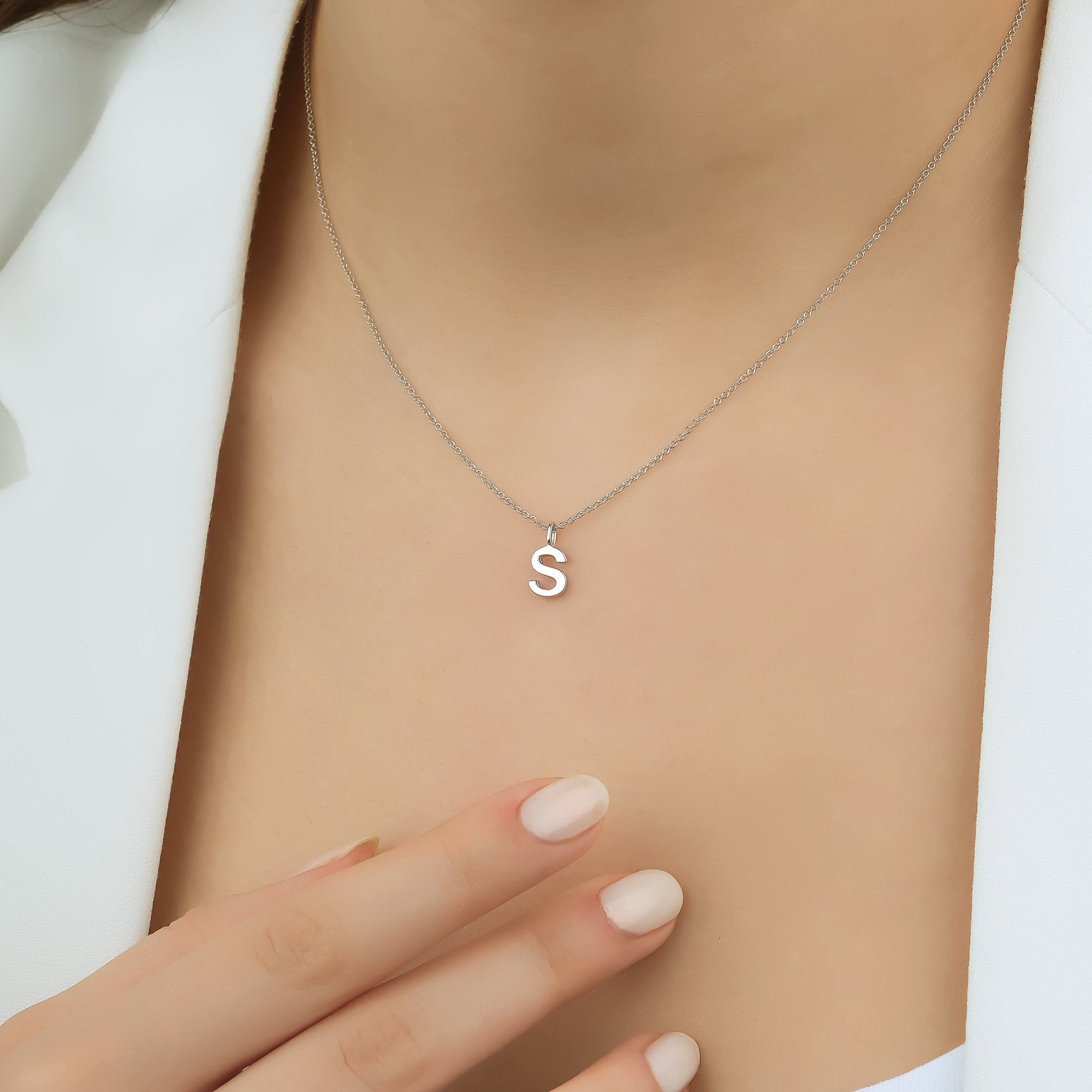 14K Solid White Gold Initial Necklace, Letter S Necklace