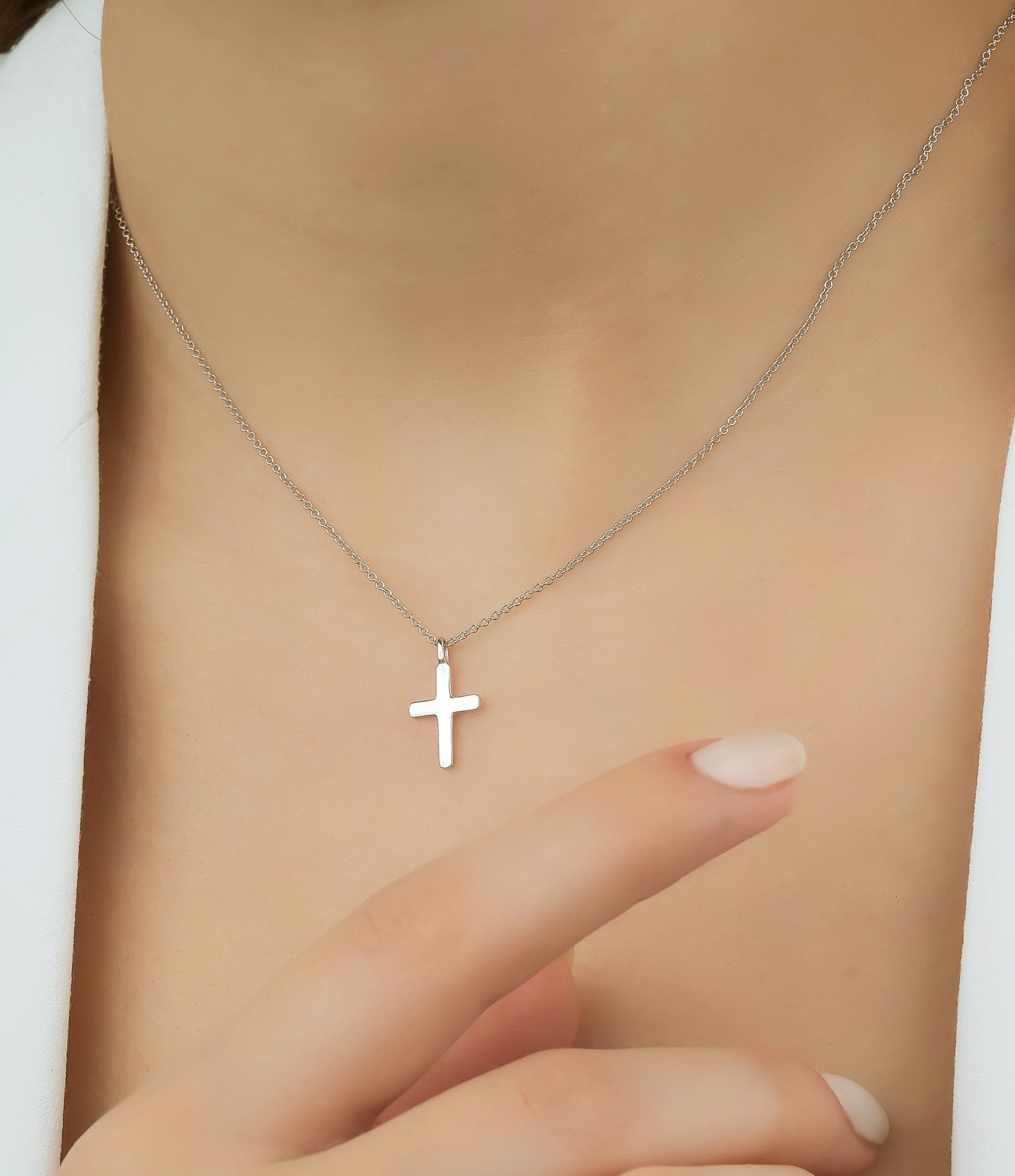 14K Solid White Gold Minimalist Cross Necklace