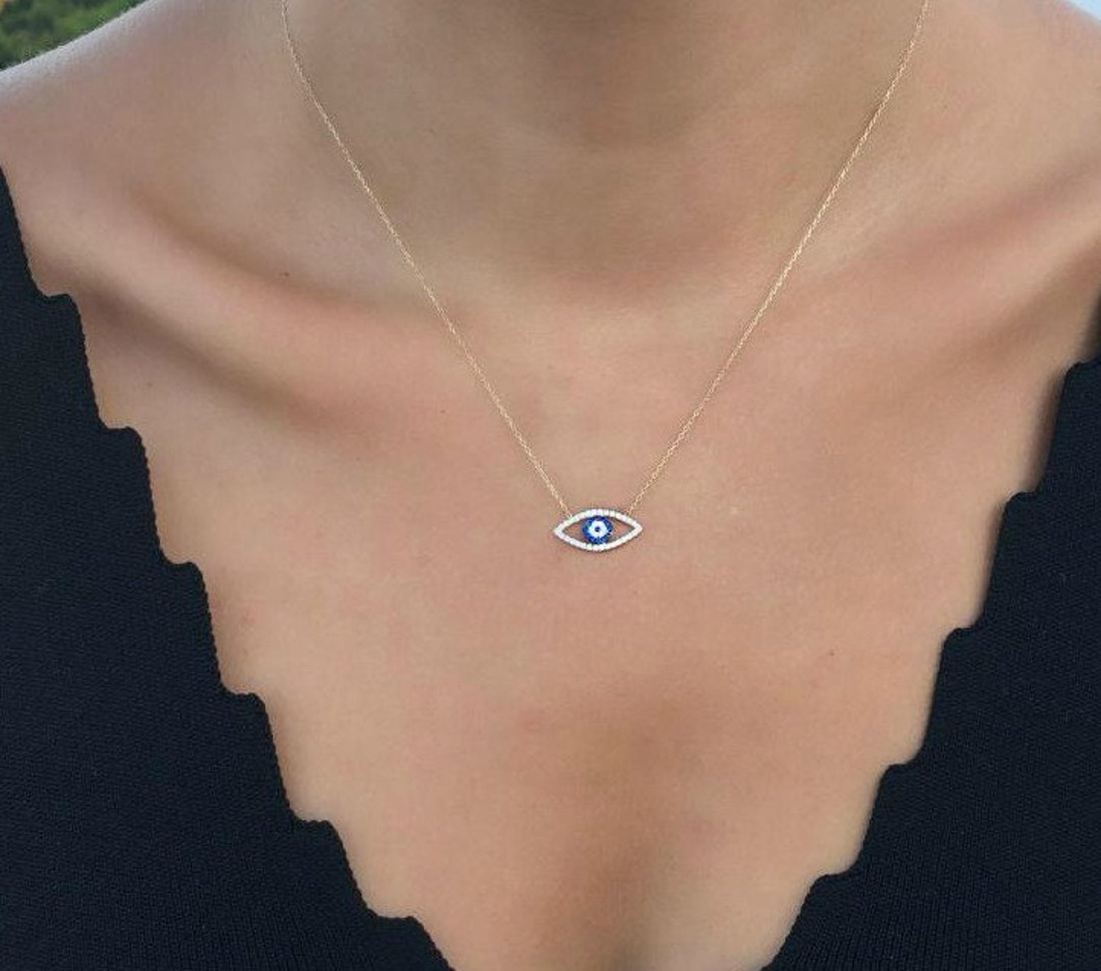 14K Solid Yellow Gold Eye Shape Evil Eye Necklace