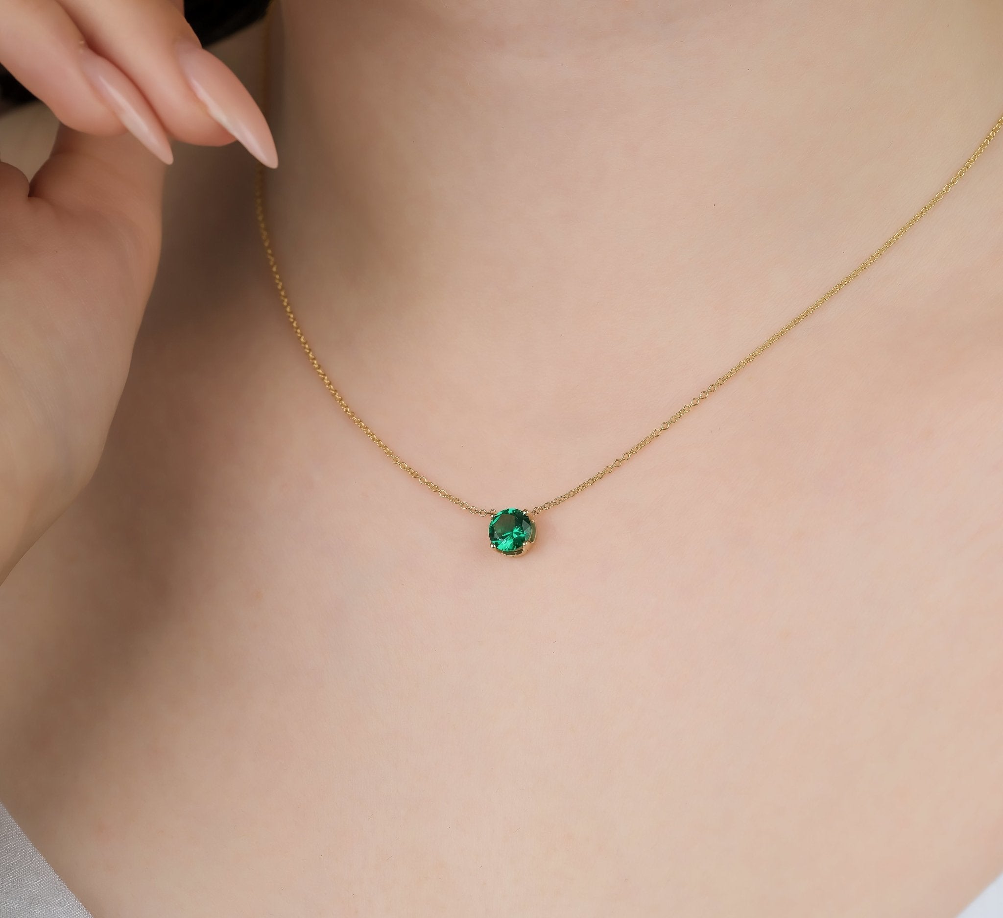 Emerald Necklace, 14K Yellow Gold 6mm Prong Setting Emerald Solitaire Necklace