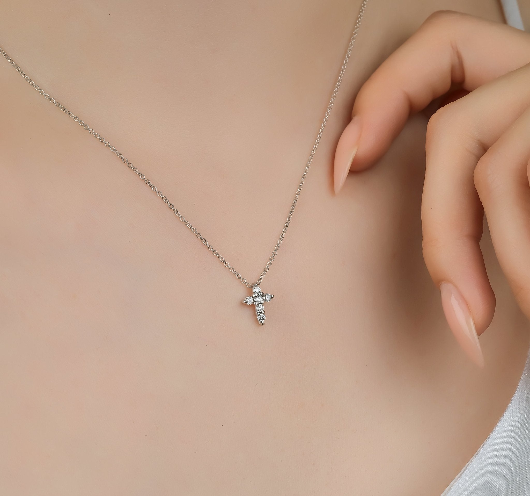 14K Solid White Gold Minimalist Diamond Cross Necklace
