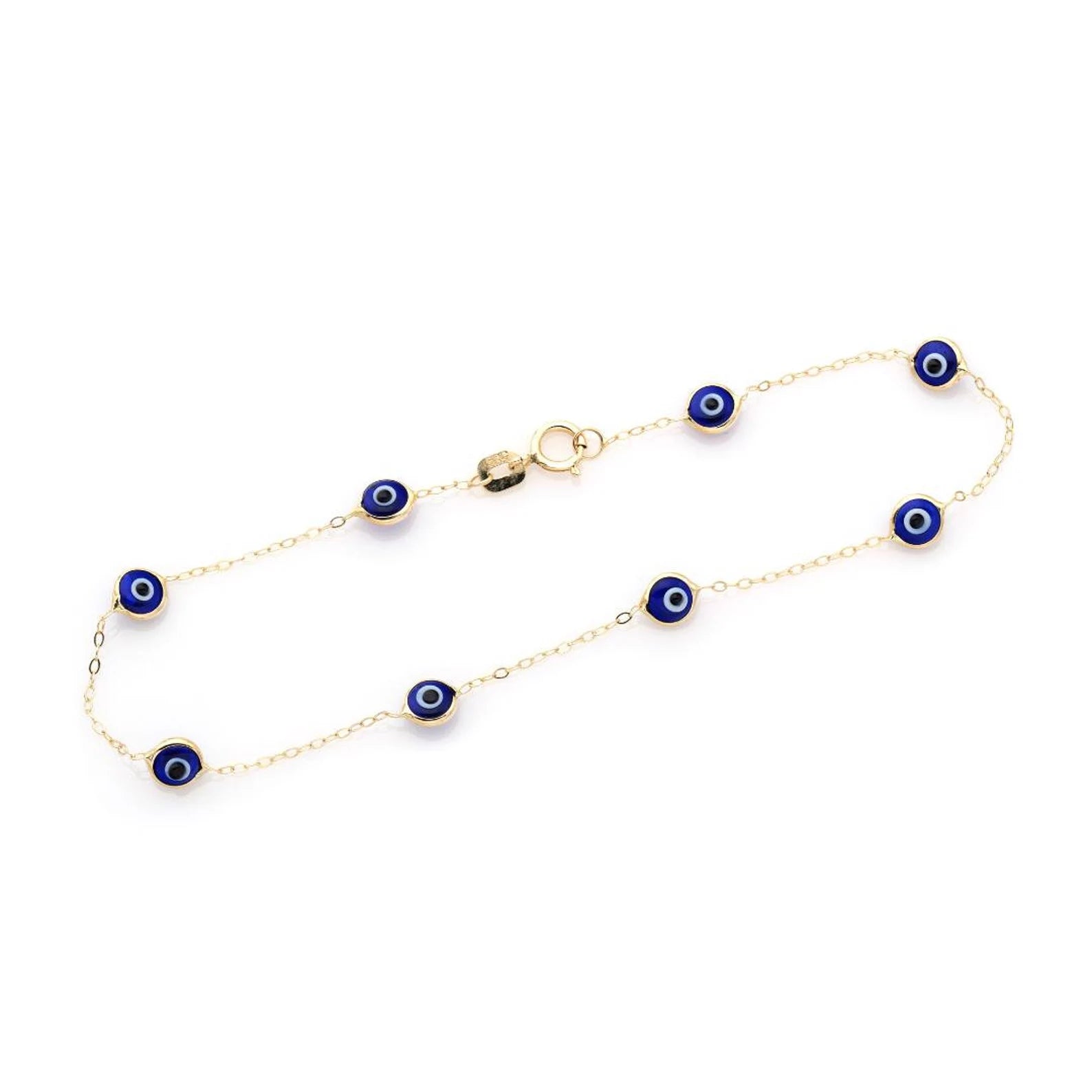 14K Solid Yellow Gold Beaded Station Evil Eye Bracelet