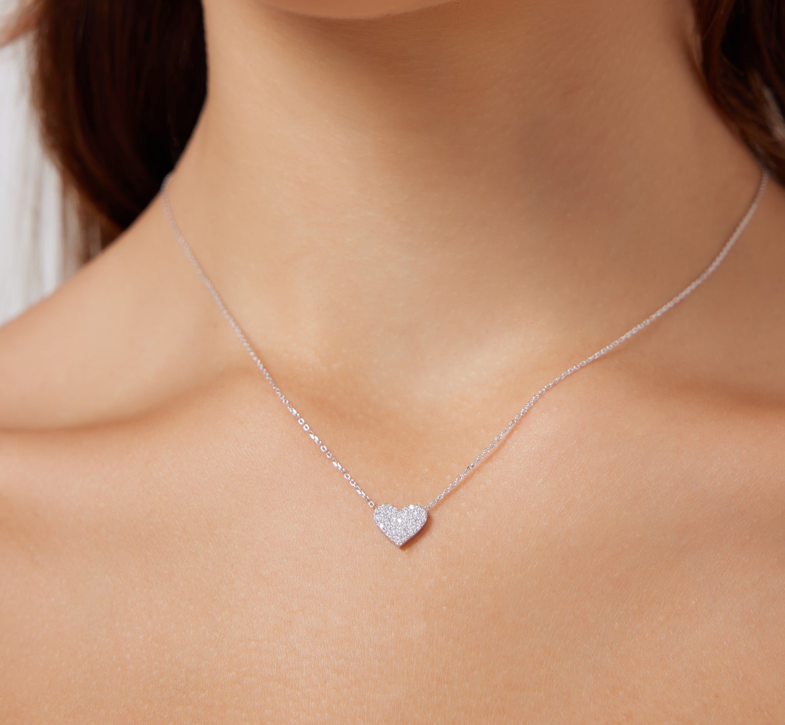 14K Solid White Gold Diamond Heart Necklace