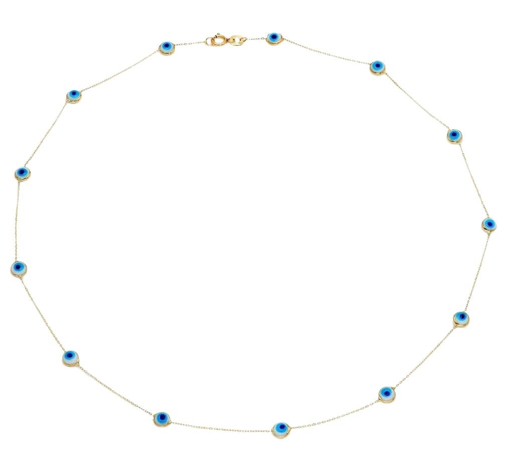 14K Solid Yellow Gold Station Evil Eye Necklace