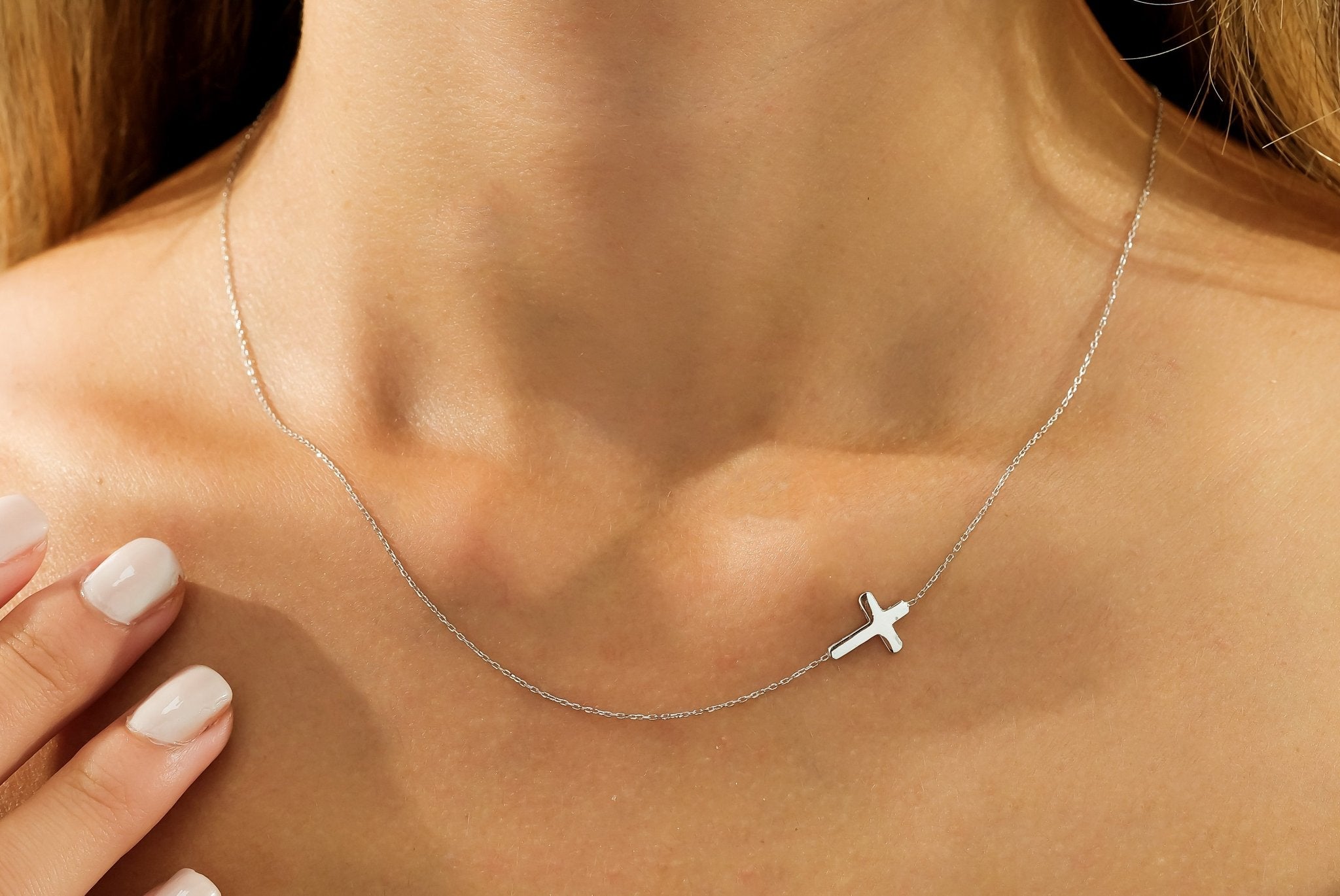 14K Solid White Gold Sideways Cross Necklace