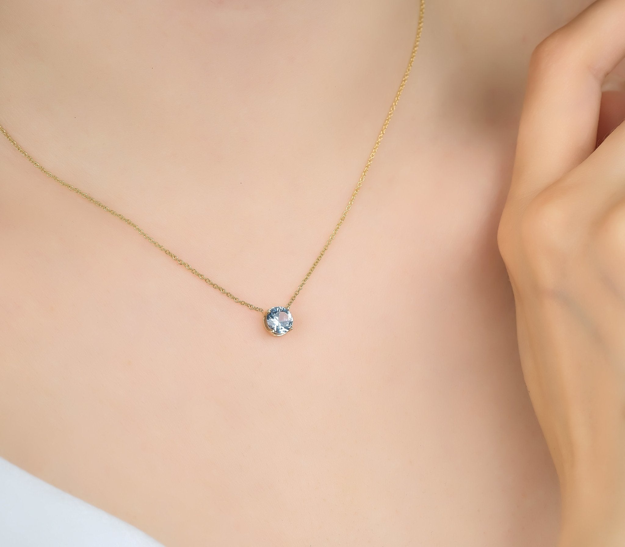 14K Solid Yellow Gold 6mm Aquamarine Solitaire Necklace