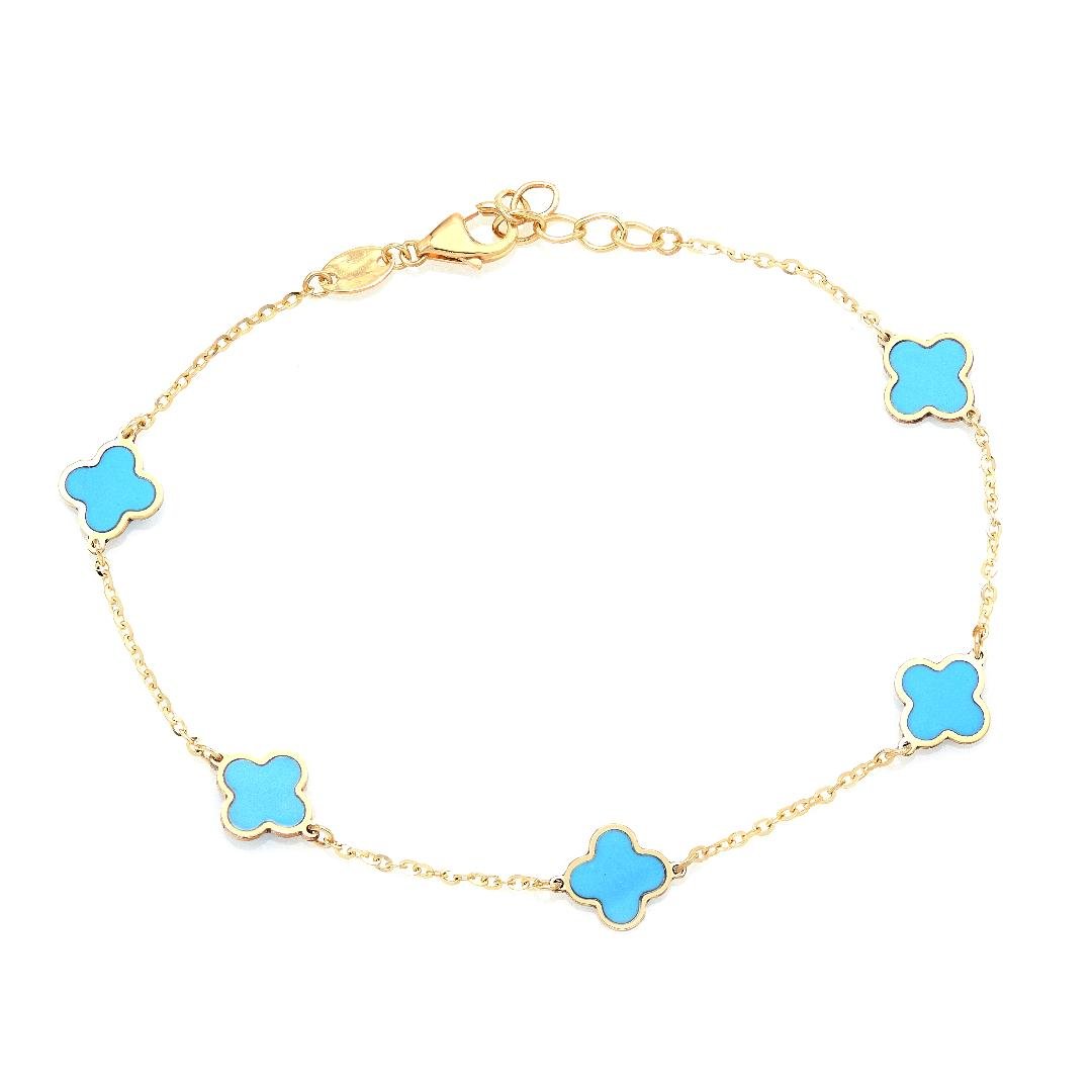 14K Solid Yellow Gold Turquoise Station Four Leaf Clover Bracelet