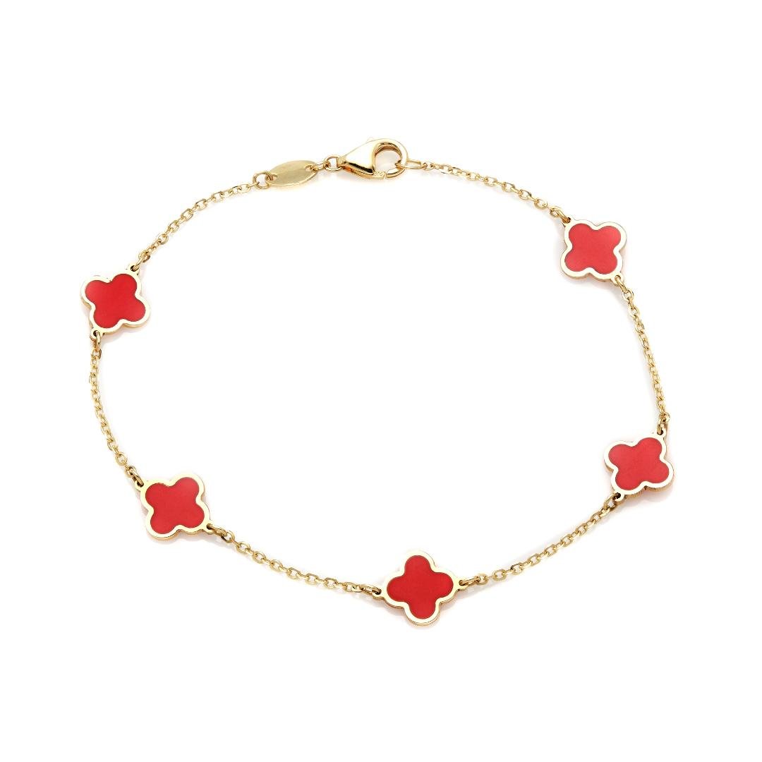 14K Solid Yellow Gold Red Coral Four Leaf Clover Station Bracelet