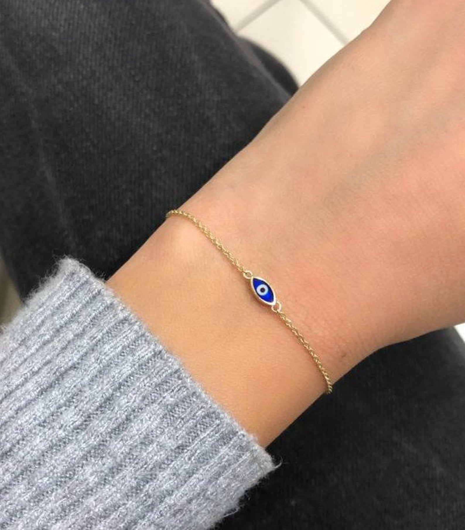 14K Solid Yellow Gold Minimalist  Eye Shape Evil Eye Bracelet