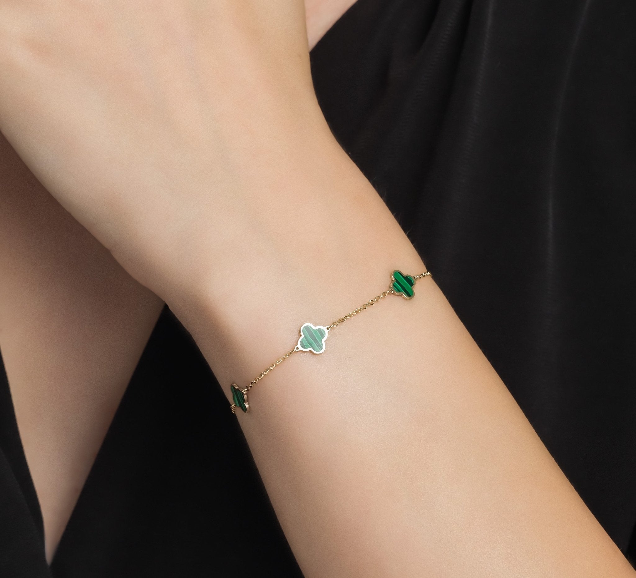 14K Solid Yellow Gold Malachite Four Leaf Clover Bracelet