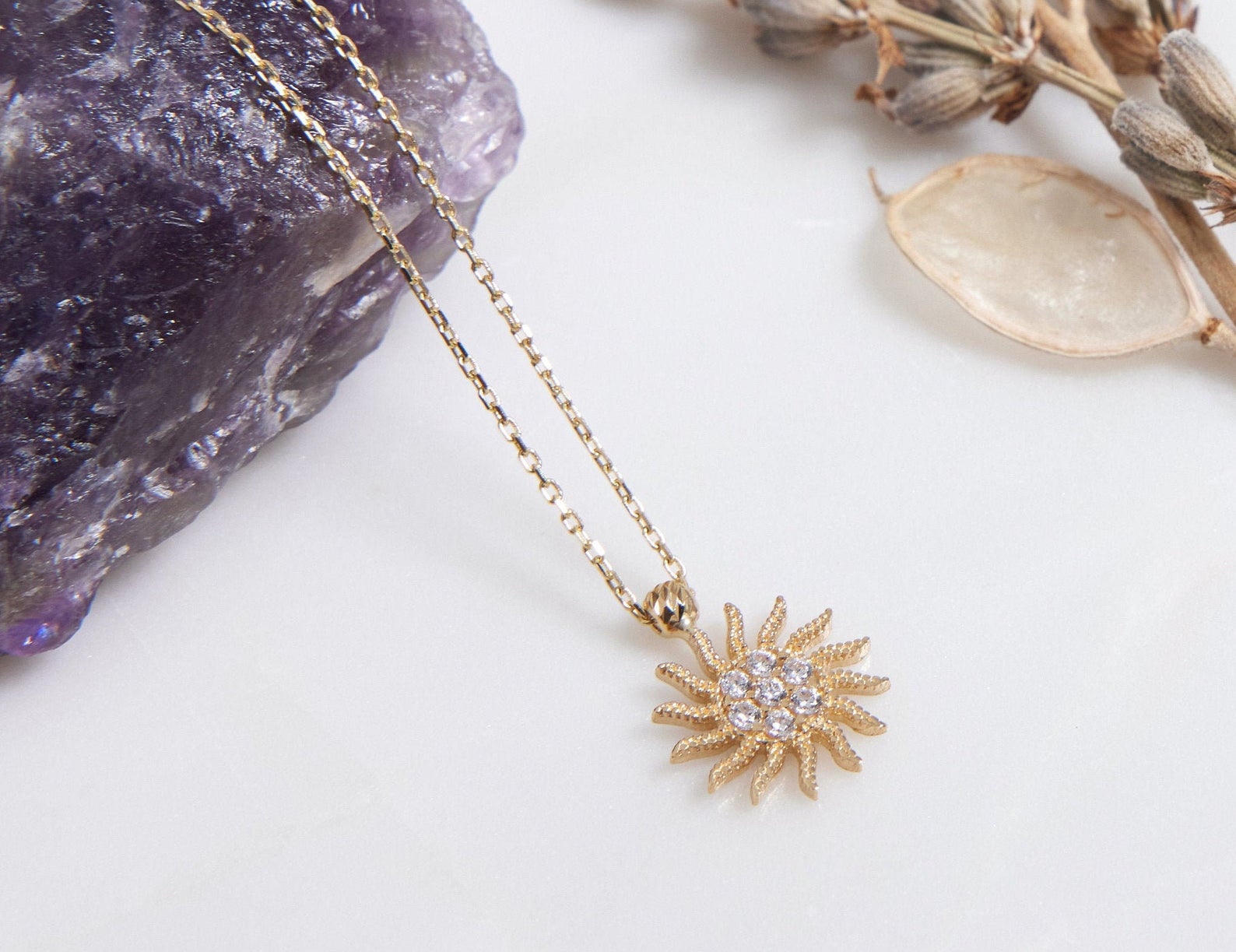 14K Solid Yellow Gold Sun Necklace
