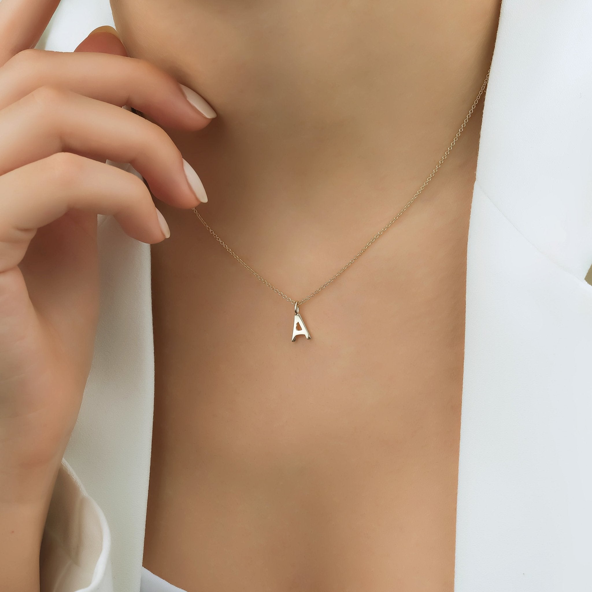 14K Solid White Gold Initial Necklace, Letter A Necklace