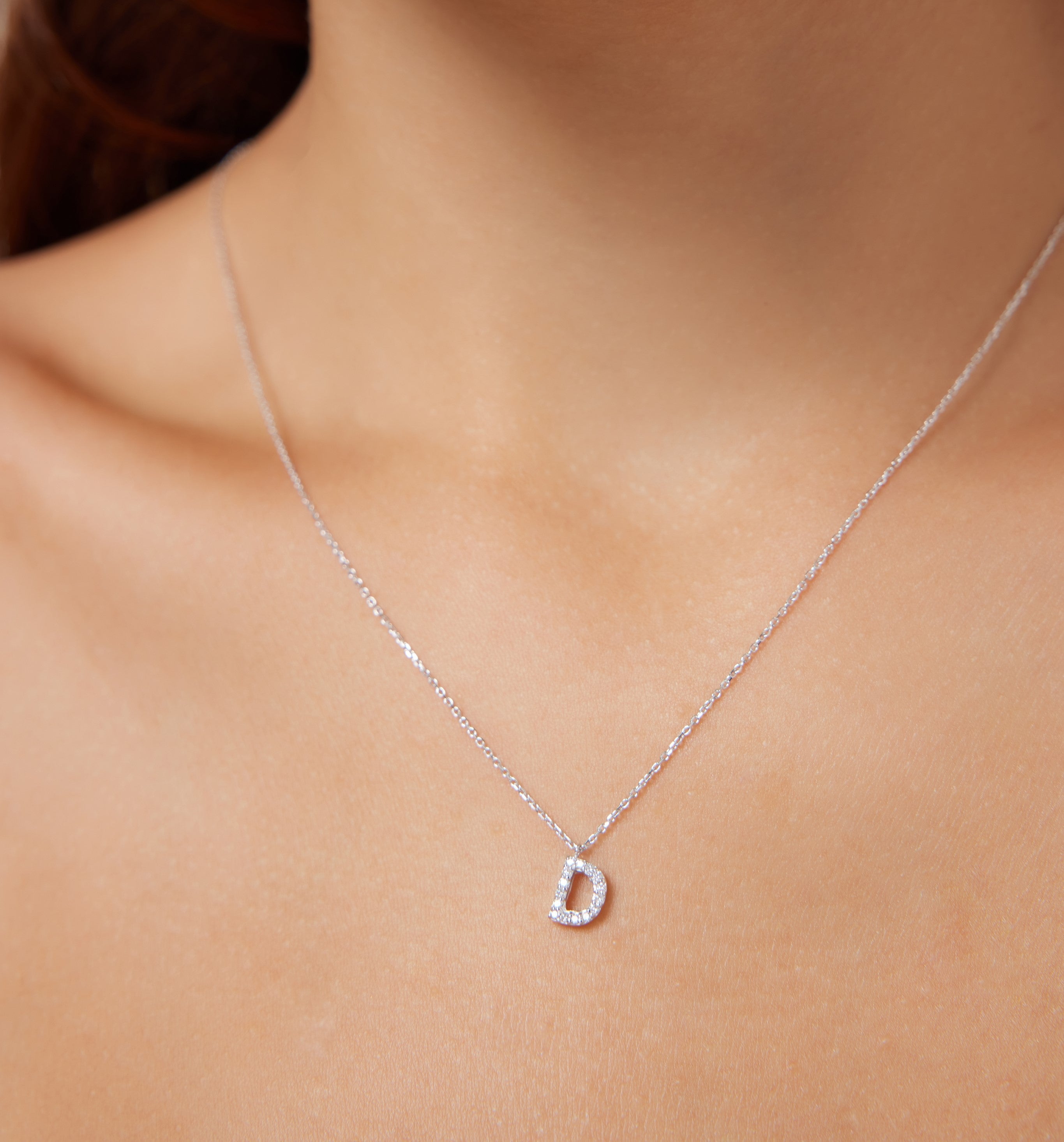 14K White Gold Diamond Initial Necklace, Letter D Necklace
