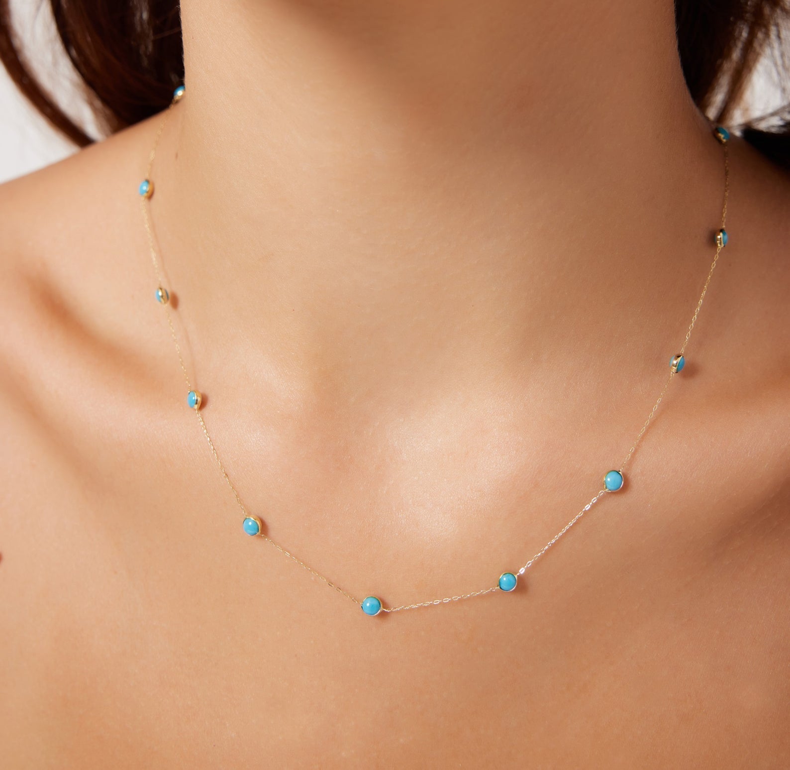 14K Solid Yellow Gold Beaded Station Turquoise Necklace