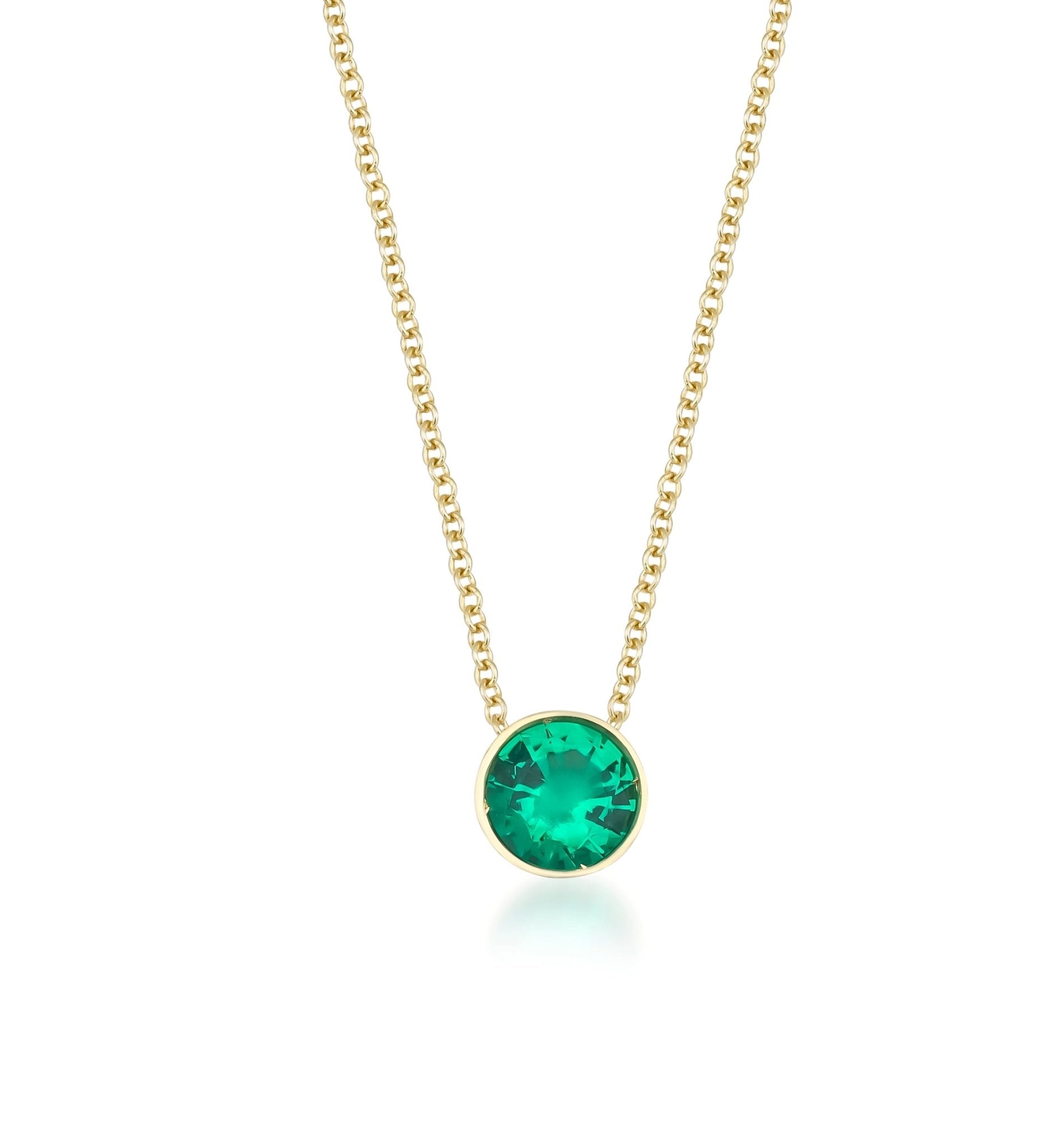 Emerald Necklace, 14K Yellow Gold 6mm Bezel Set Emerald Solitaire Necklace
