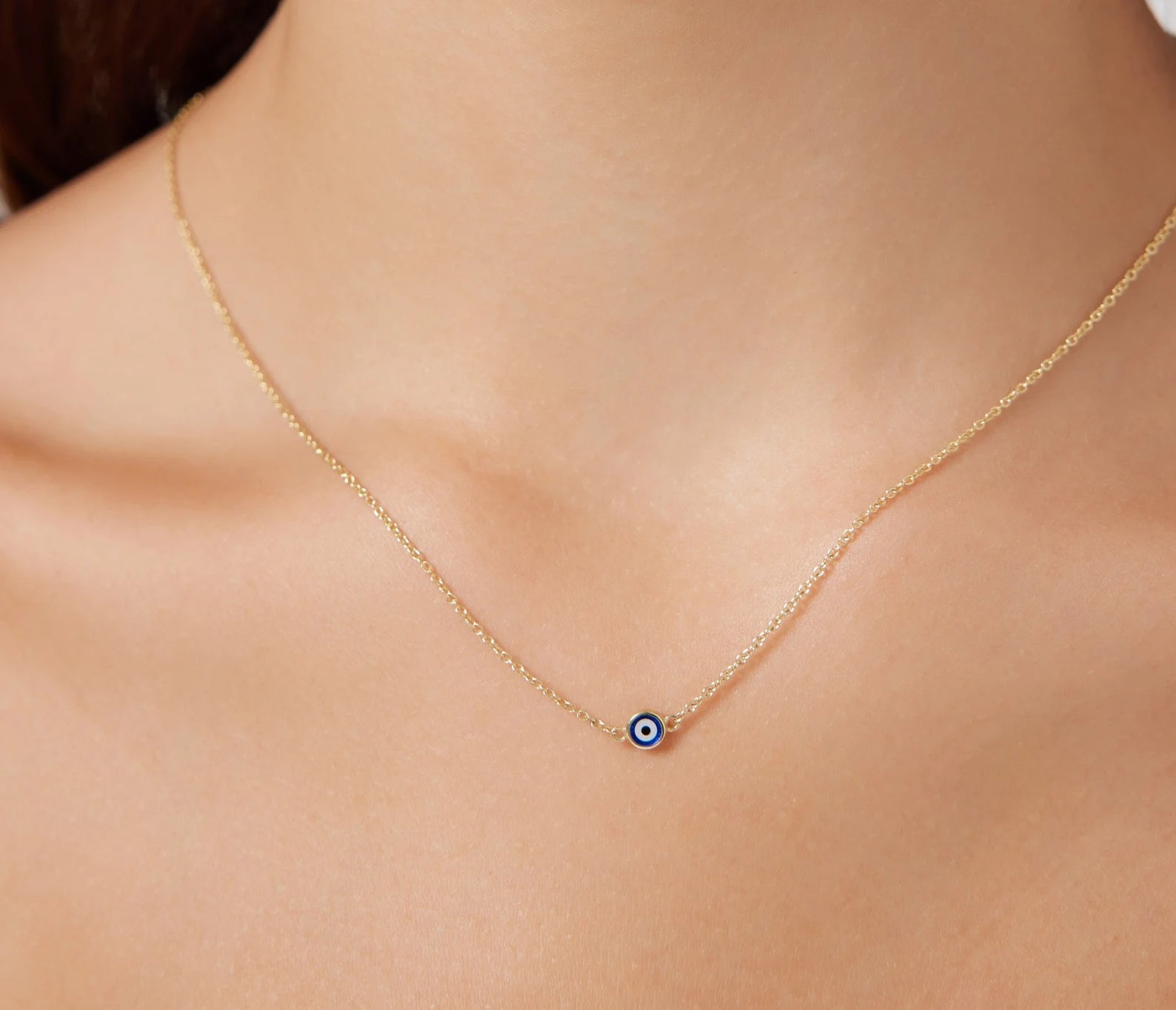 14K Solid Yellow Gold Round Evil Eye Necklace