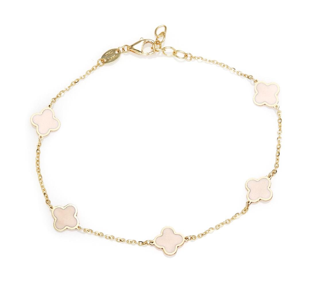 14K Solid Yellow Gold Pink Station Four Leaf Clover Bracelet