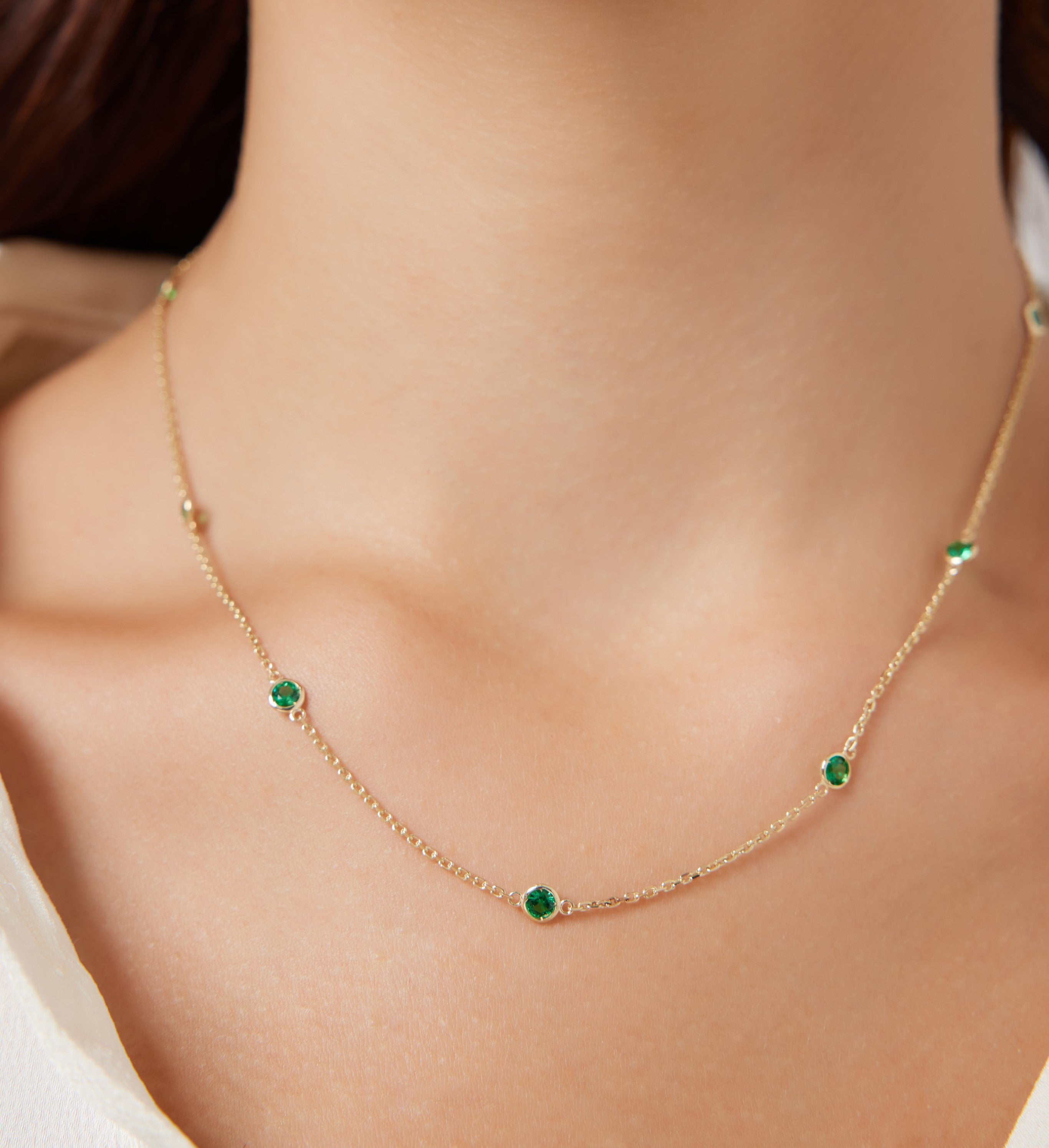 14K Gold Emerald Station Necklace, Diamond by the Yard Necklace