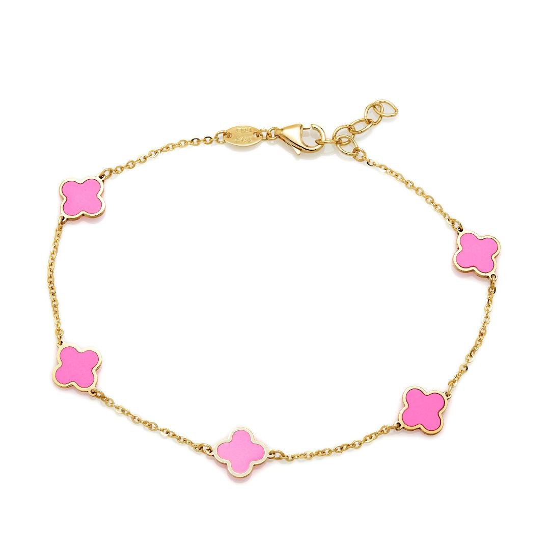14K Solid Yellow Gold Pink  Four Leaf Clover Bracelet