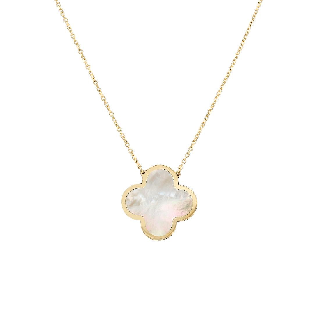 14K Yellow Gold Large Single Mother of Pearl Clover Necklace