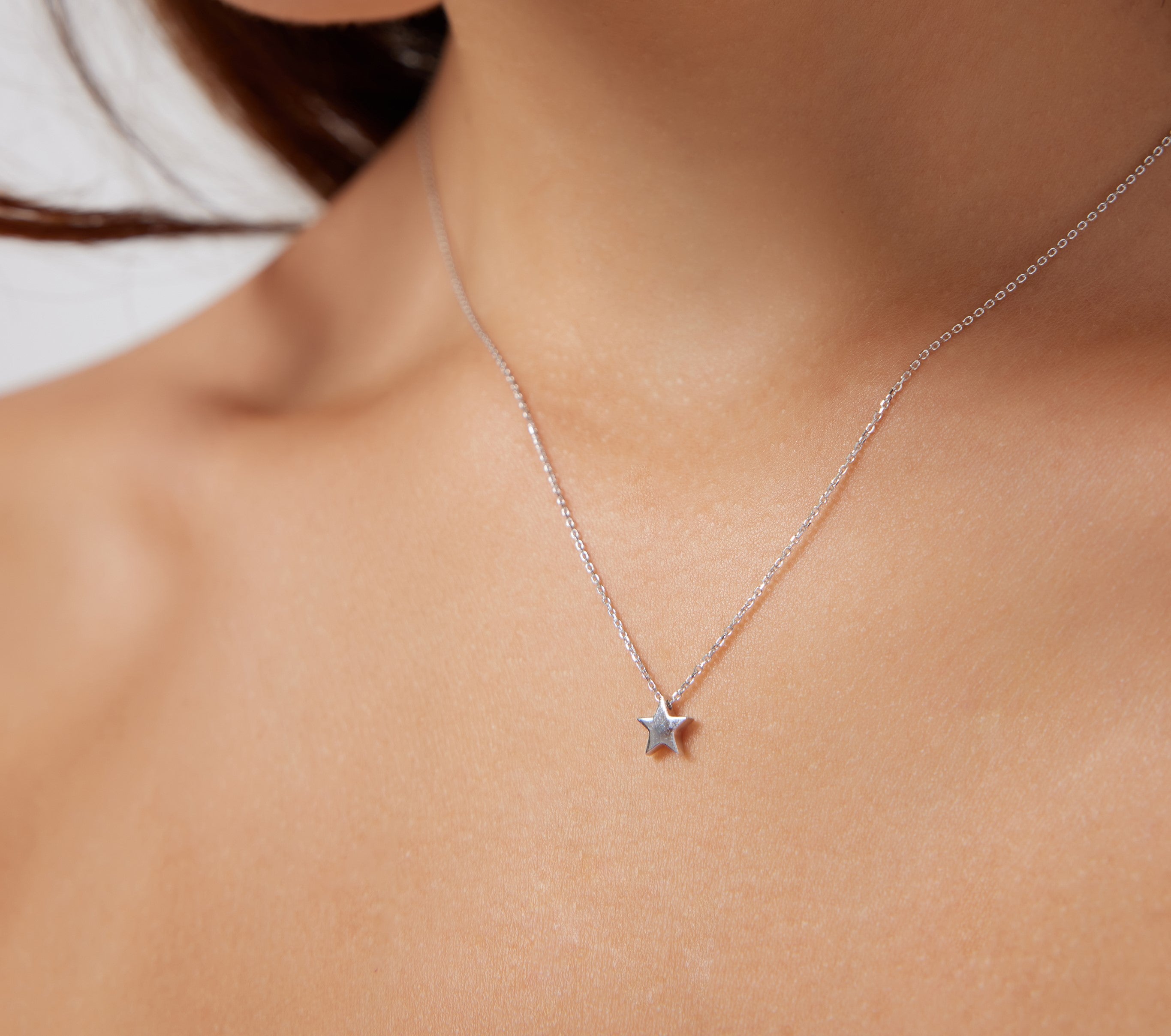 14K Solid White Gold Minimalist Star Necklace