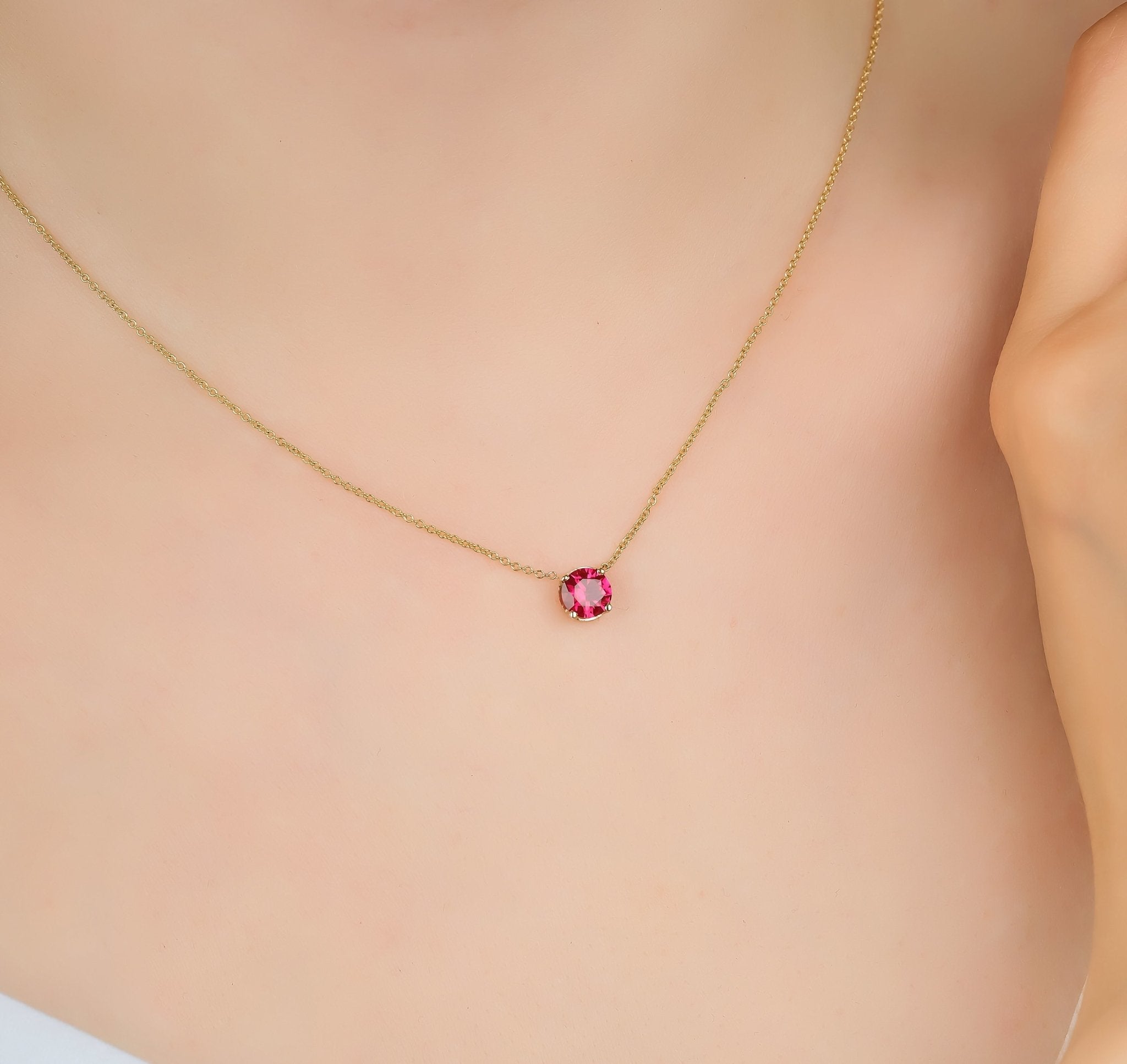 Ruby Necklace, 14K Yellow Gold 6mm Prong Setting Ruby Solitaire Necklace