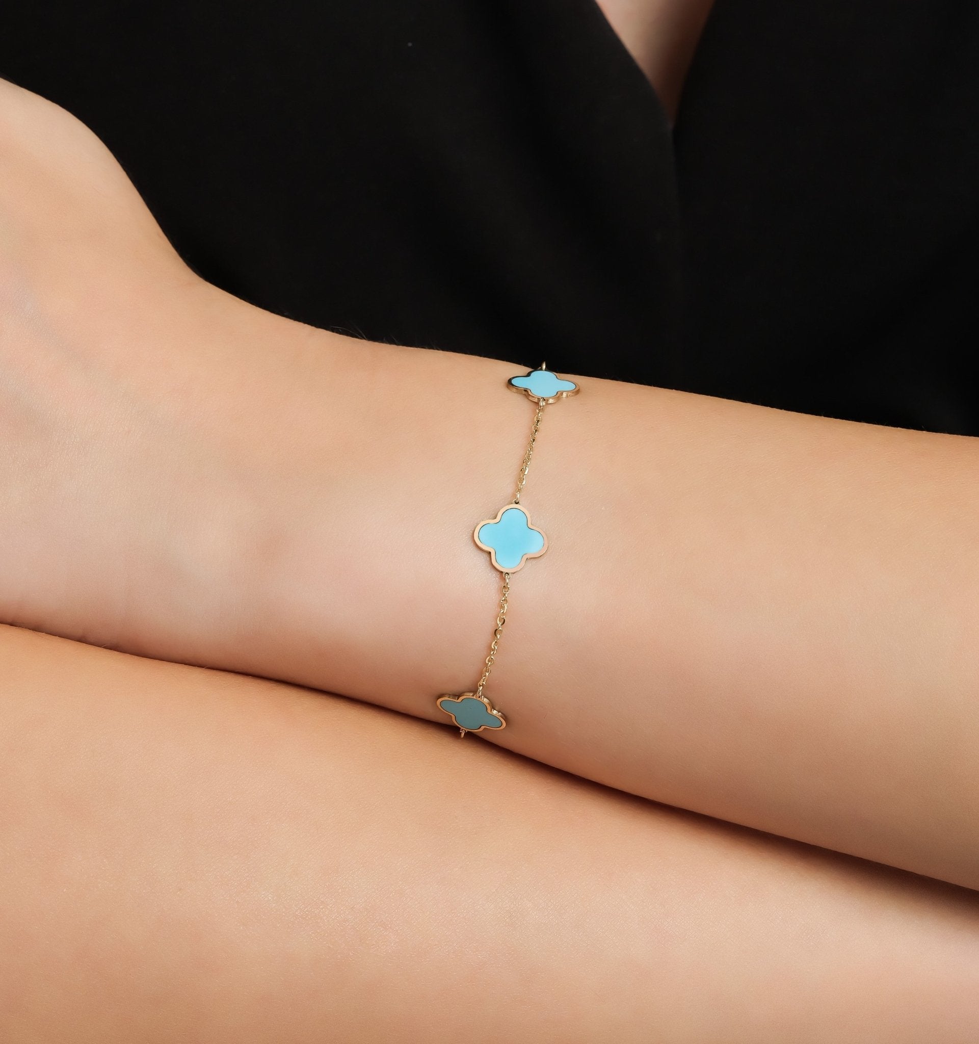 14K Solid Yellow Gold Turquoise Four Leaf Clover Bracelet
