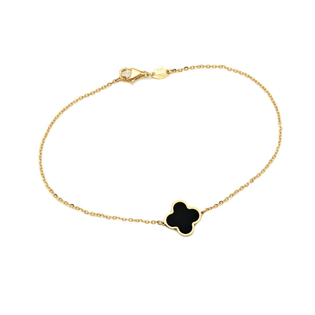 14K Solid Yellow Gold Single Onyx Leaf Clover Bracelet