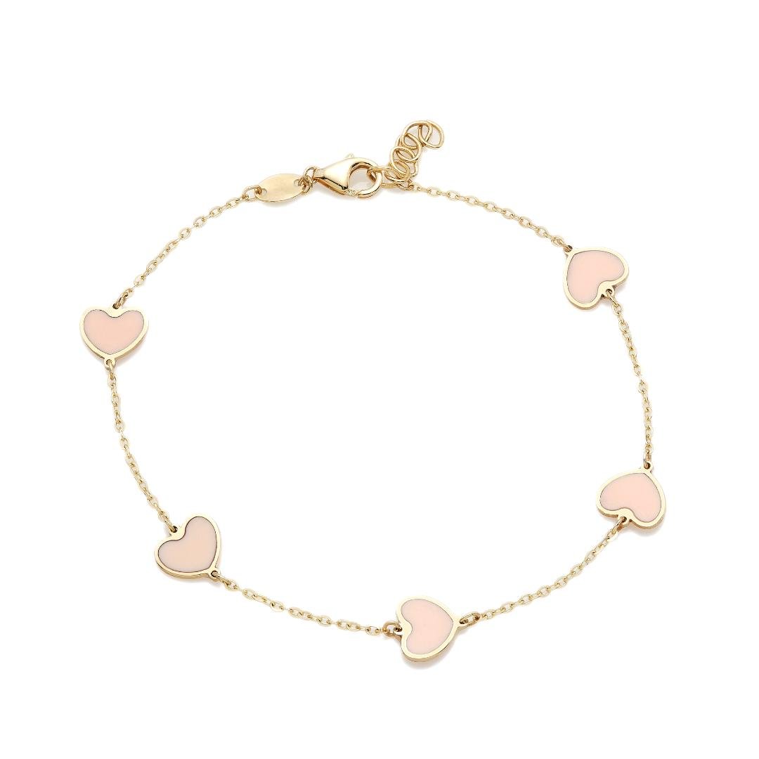 14K Solid Yellow Gold Minimalist Station Pink Heart Bracelet